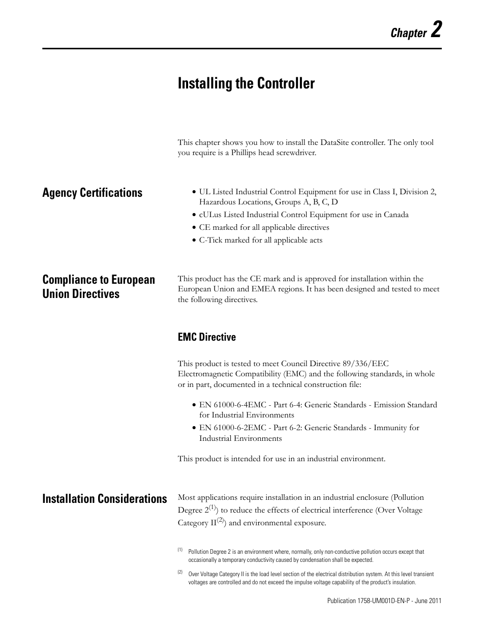 2 - installing the controller, Agency certifications, Compliance to european union directives | Emc directive, Installation considerations, Chapter 2, Installing the controller, Chapter | Rockwell Automation 1758-RTU202 DataSite Hardware User Manual User Manual | Page 11 / 68