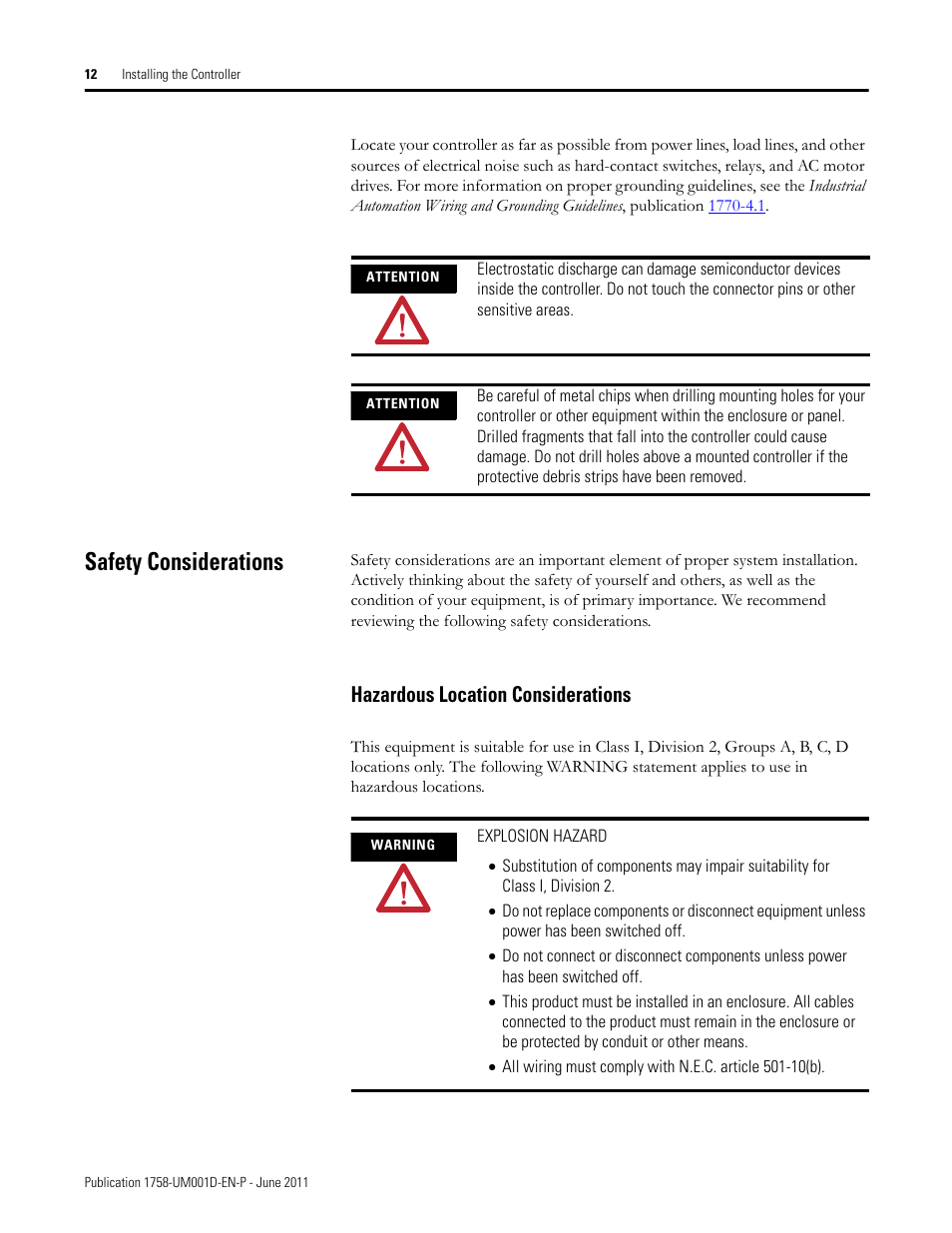 Safety considerations, Hazardous location considerations | Rockwell Automation 1758-RTU202 DataSite Hardware User Manual User Manual | Page 12 / 68