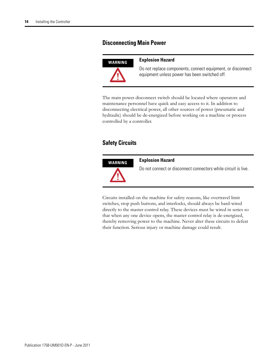 Disconnecting main power, Safety circuits, Disconnecting main power safety circuits | Rockwell Automation 1758-RTU202 DataSite Hardware User Manual User Manual | Page 14 / 68