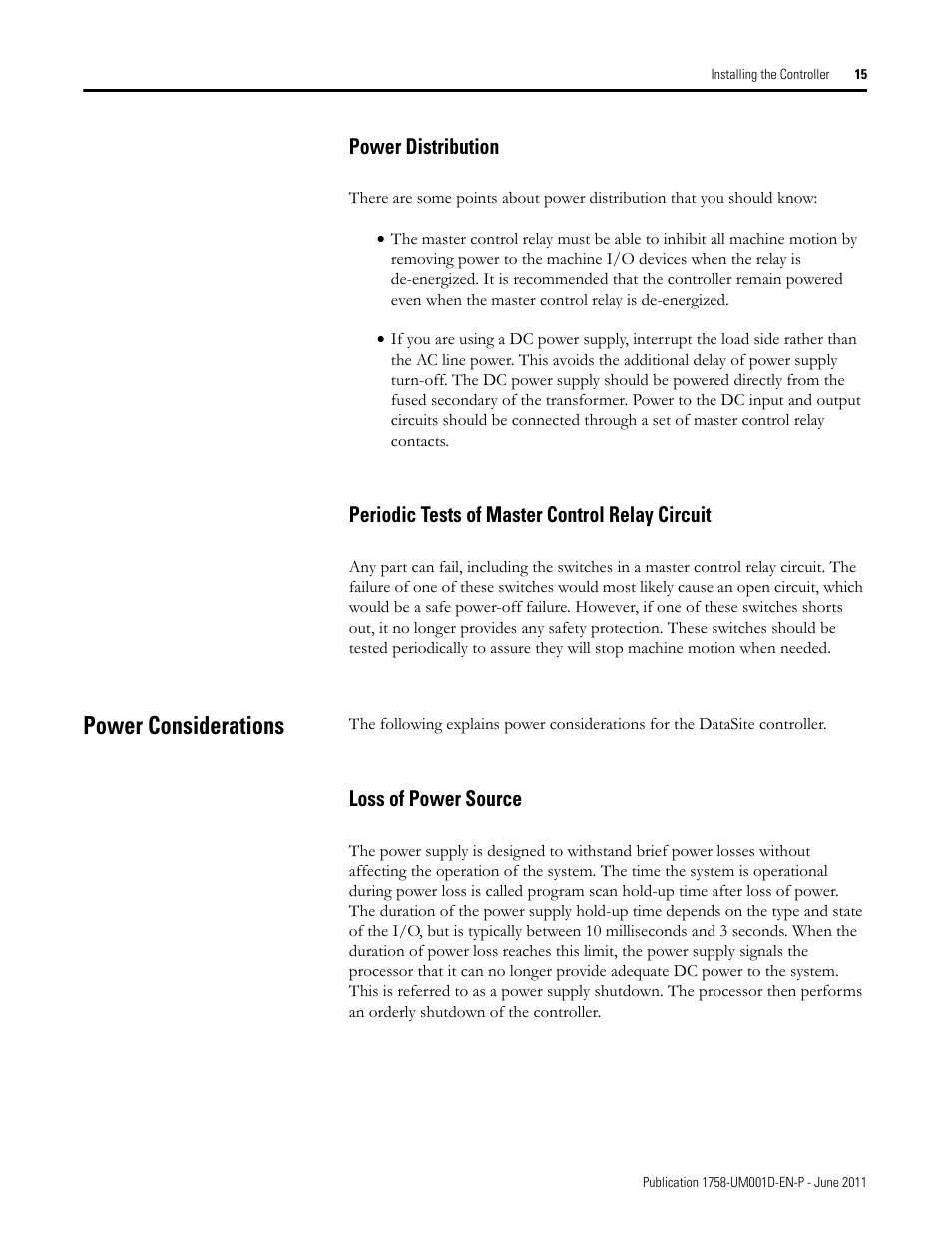 Power distribution, Periodic tests of master control relay circuit, Power considerations | Loss of power source | Rockwell Automation 1758-RTU202 DataSite Hardware User Manual User Manual | Page 15 / 68