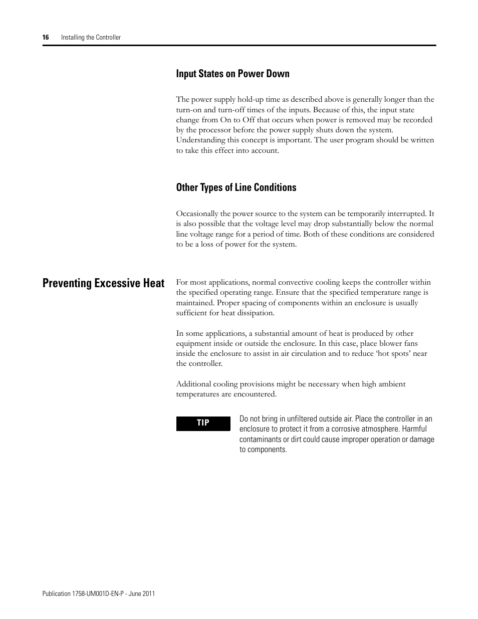 Input states on power down, Other types of line conditions, Preventing excessive heat | Rockwell Automation 1758-RTU202 DataSite Hardware User Manual User Manual | Page 16 / 68