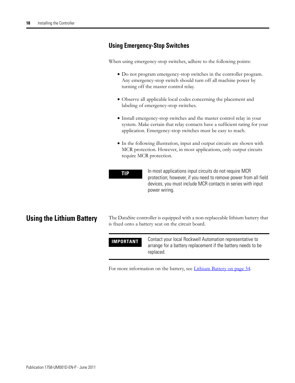 Using emergency-stop switches, Using the lithium battery | Rockwell Automation 1758-RTU202 DataSite Hardware User Manual User Manual | Page 18 / 68