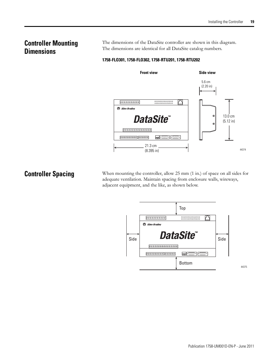 Controller mounting dimensions, Controller spacing, Controller mounting dimensions controller spacing | Rockwell Automation 1758-RTU202 DataSite Hardware User Manual User Manual | Page 19 / 68