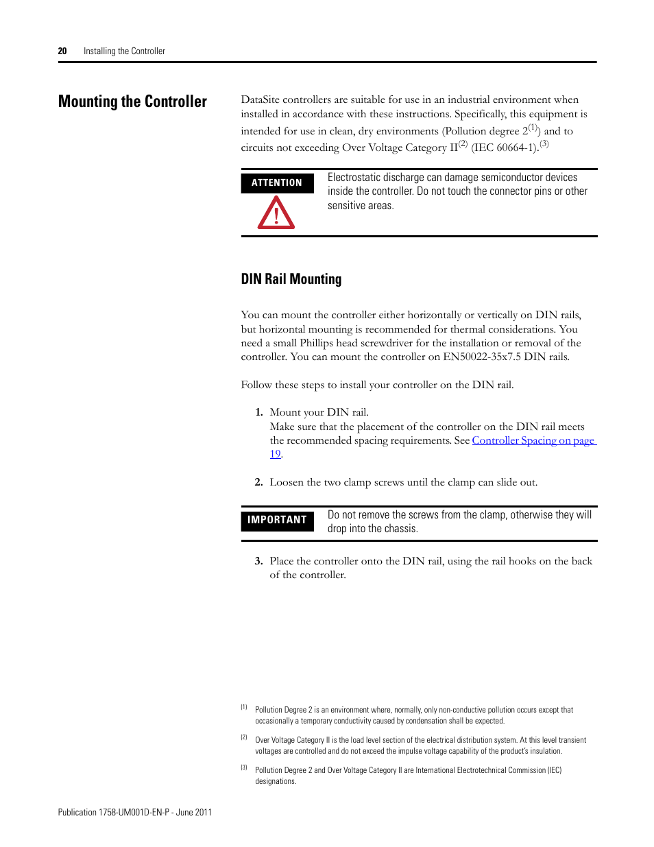 Mounting the controller, Din rail mounting | Rockwell Automation 1758-RTU202 DataSite Hardware User Manual User Manual | Page 20 / 68