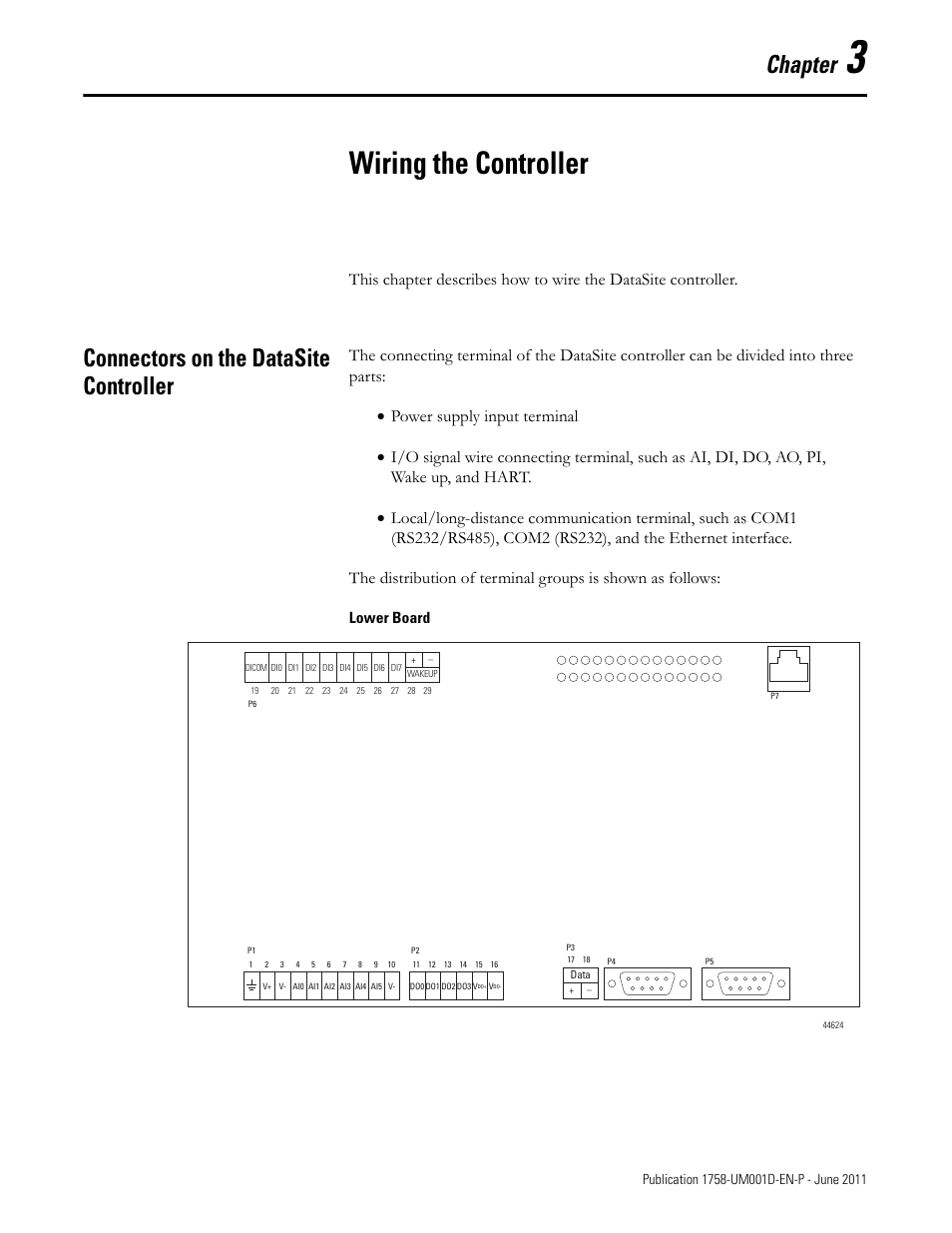 3 - wiring the controller, Connectors on the datasite controller, Chapter 3 | Wiring the controller, Chapter | Rockwell Automation 1758-RTU202 DataSite Hardware User Manual User Manual | Page 23 / 68