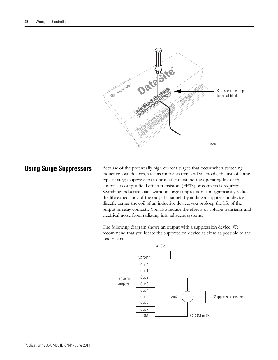 Using surge suppressors, Screw-cage clamp terminal block | Rockwell Automation 1758-RTU202 DataSite Hardware User Manual User Manual | Page 26 / 68