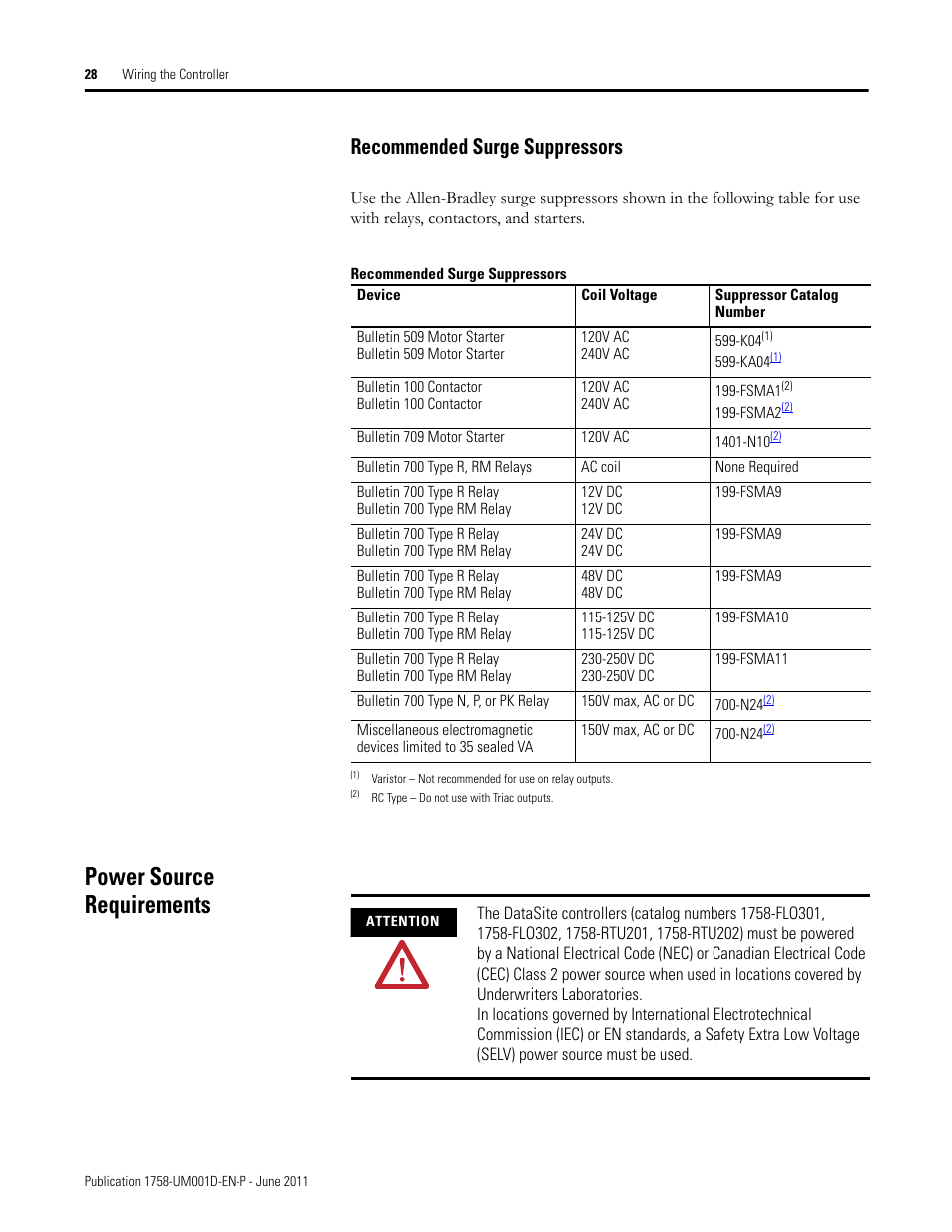 Recommended surge suppressors, Power source requirements | Rockwell Automation 1758-RTU202 DataSite Hardware User Manual User Manual | Page 28 / 68