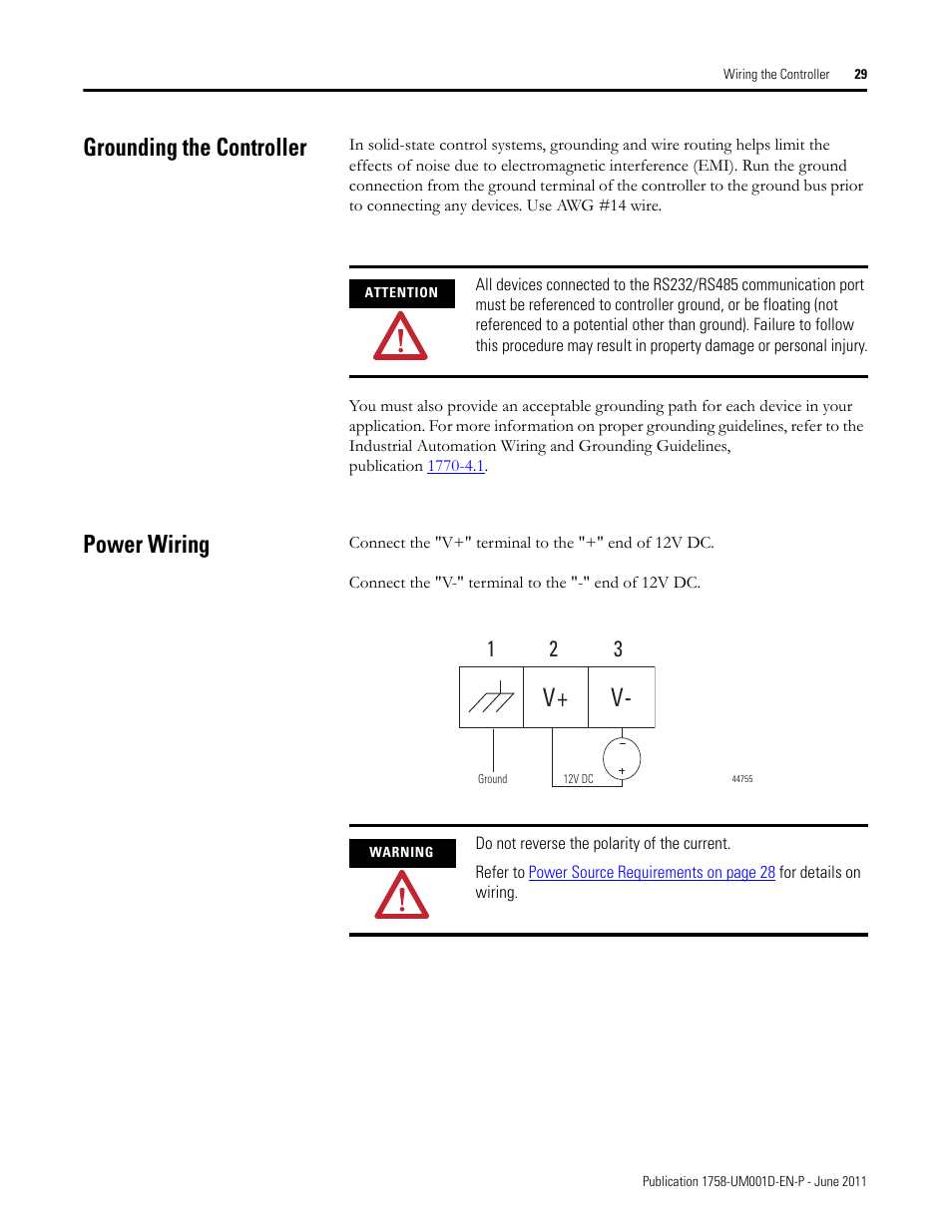 Grounding the controller, Power wiring, V- v | Rockwell Automation 1758-RTU202 DataSite Hardware User Manual User Manual | Page 29 / 68