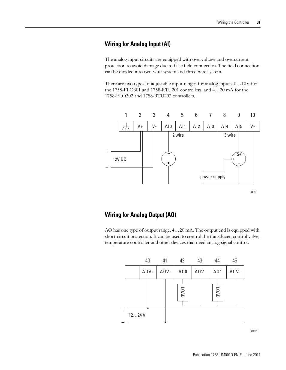 Wiring for analog input (ai), Wiring for analog output (ao) | Rockwell Automation 1758-RTU202 DataSite Hardware User Manual User Manual | Page 31 / 68