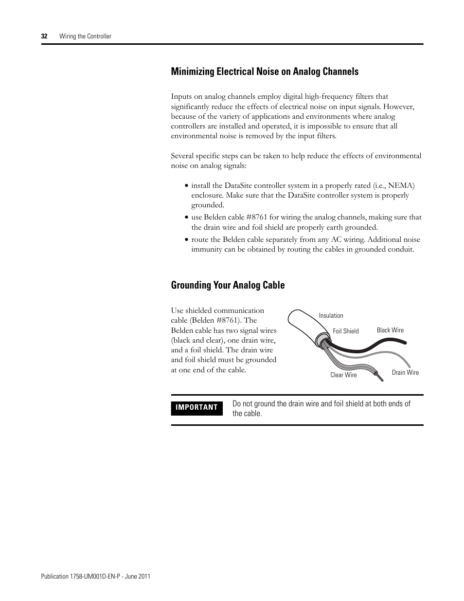 Minimizing electrical noise on analog channels, Grounding your analog cable | Rockwell Automation 1758-RTU202 DataSite Hardware User Manual User Manual | Page 32 / 68