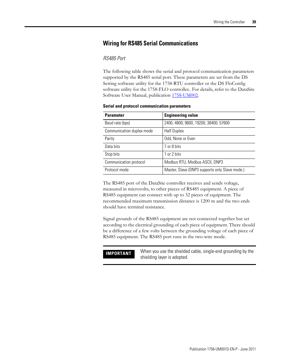 Wiring for rs485 serial communications | Rockwell Automation 1758-RTU202 DataSite Hardware User Manual User Manual | Page 39 / 68