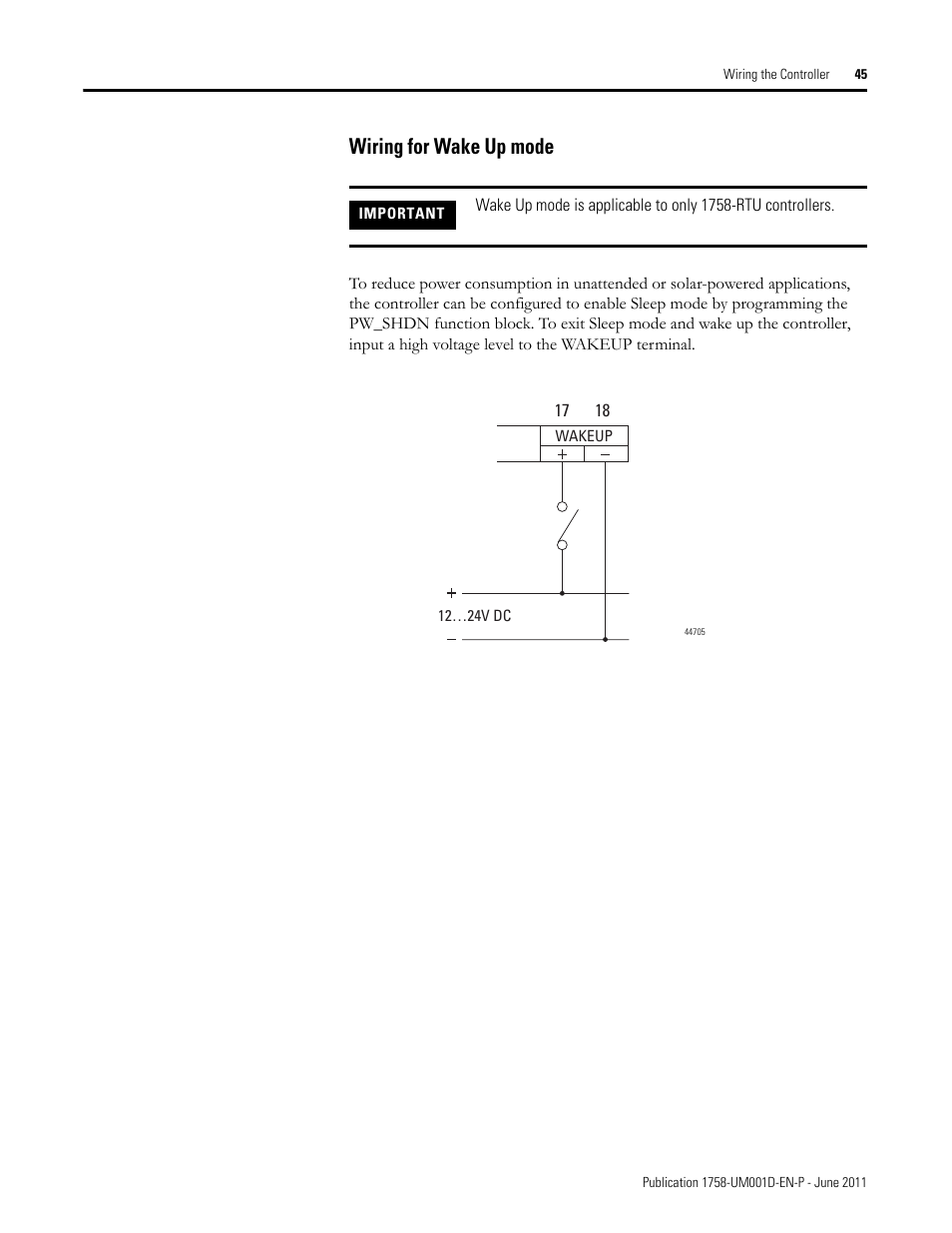 Wiring for wake up mode | Rockwell Automation 1758-RTU202 DataSite Hardware User Manual User Manual | Page 45 / 68