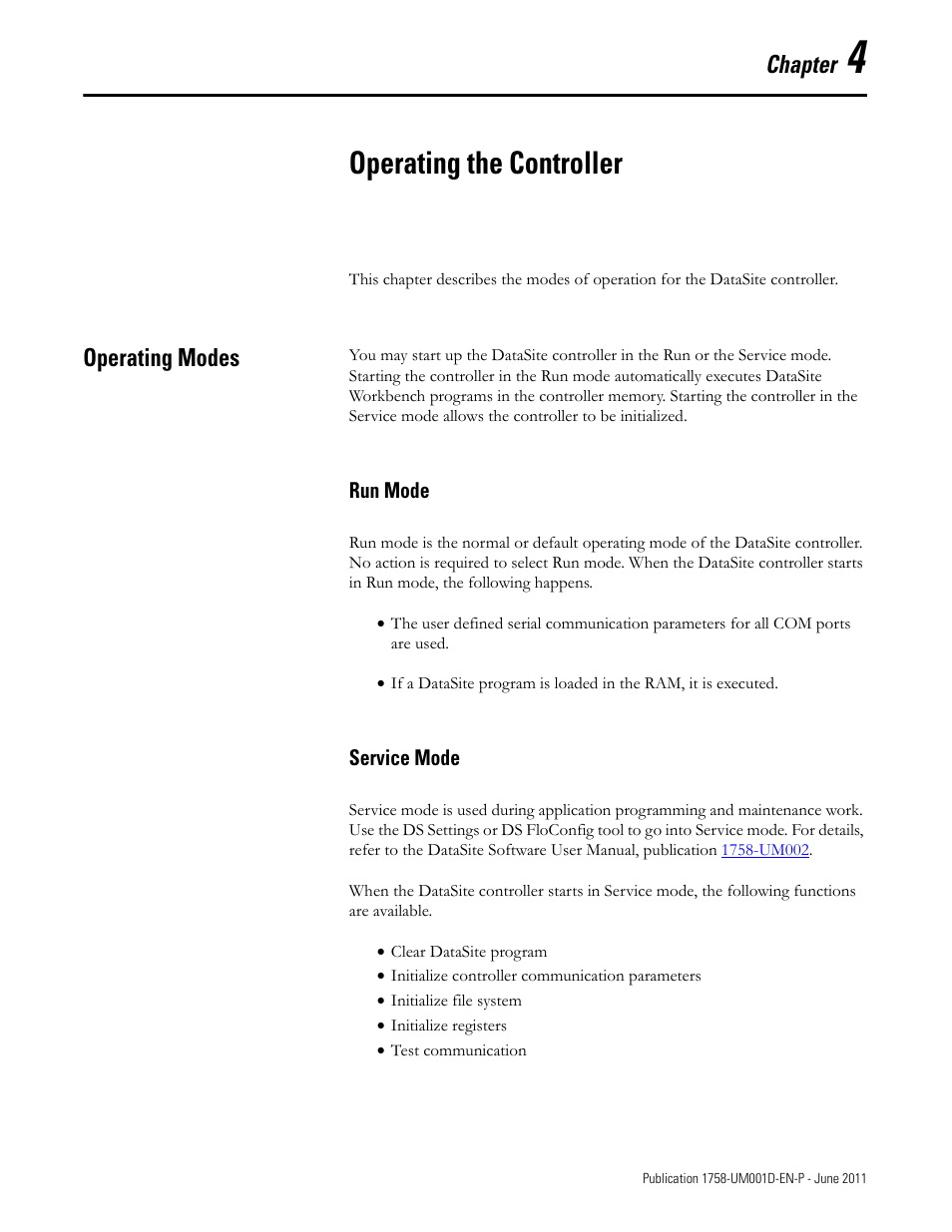 4 - operating the controller, Operating modes, Run mode | Service mode, Chapter 4, Operating the controller, Run mode service mode, Chapter | Rockwell Automation 1758-RTU202 DataSite Hardware User Manual User Manual | Page 47 / 68