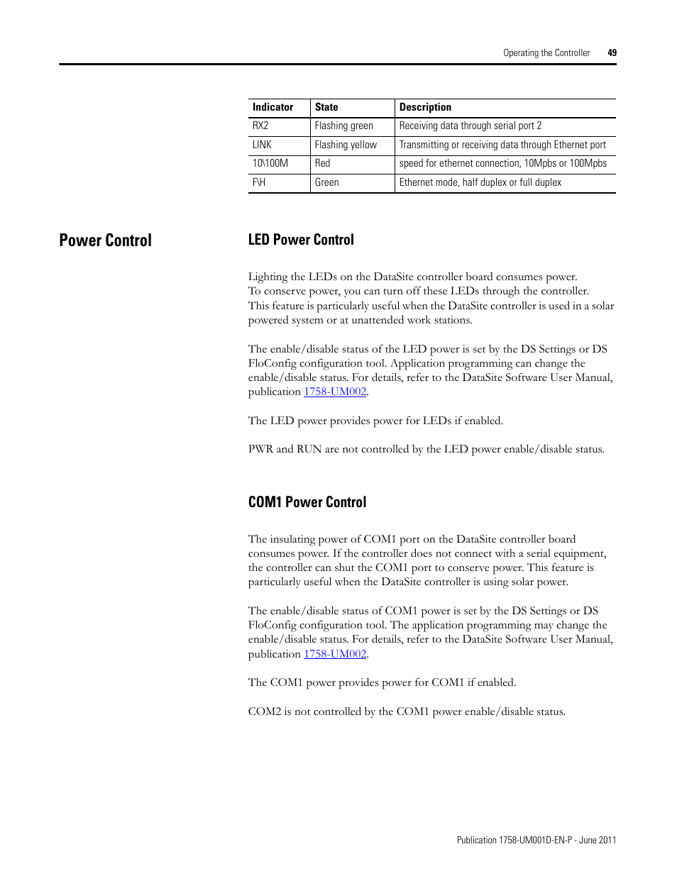 Power control, Led power control, Com1 power control | Led power control com1 power control | Rockwell Automation 1758-RTU202 DataSite Hardware User Manual User Manual | Page 49 / 68