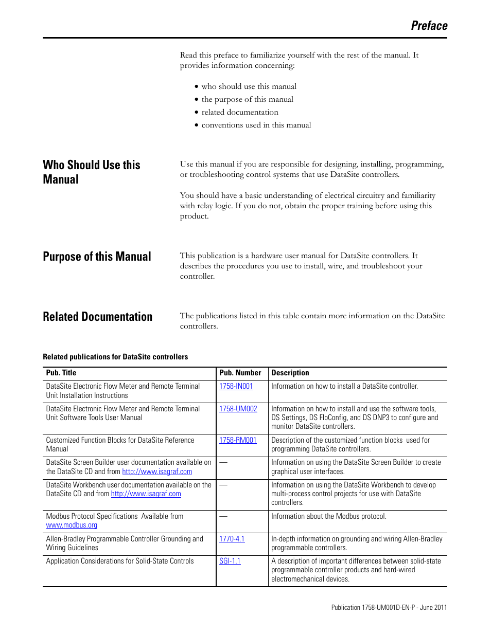 Preface, Who should use this manual, Purpose of this manual | Related documentation | Rockwell Automation 1758-RTU202 DataSite Hardware User Manual User Manual | Page 5 / 68