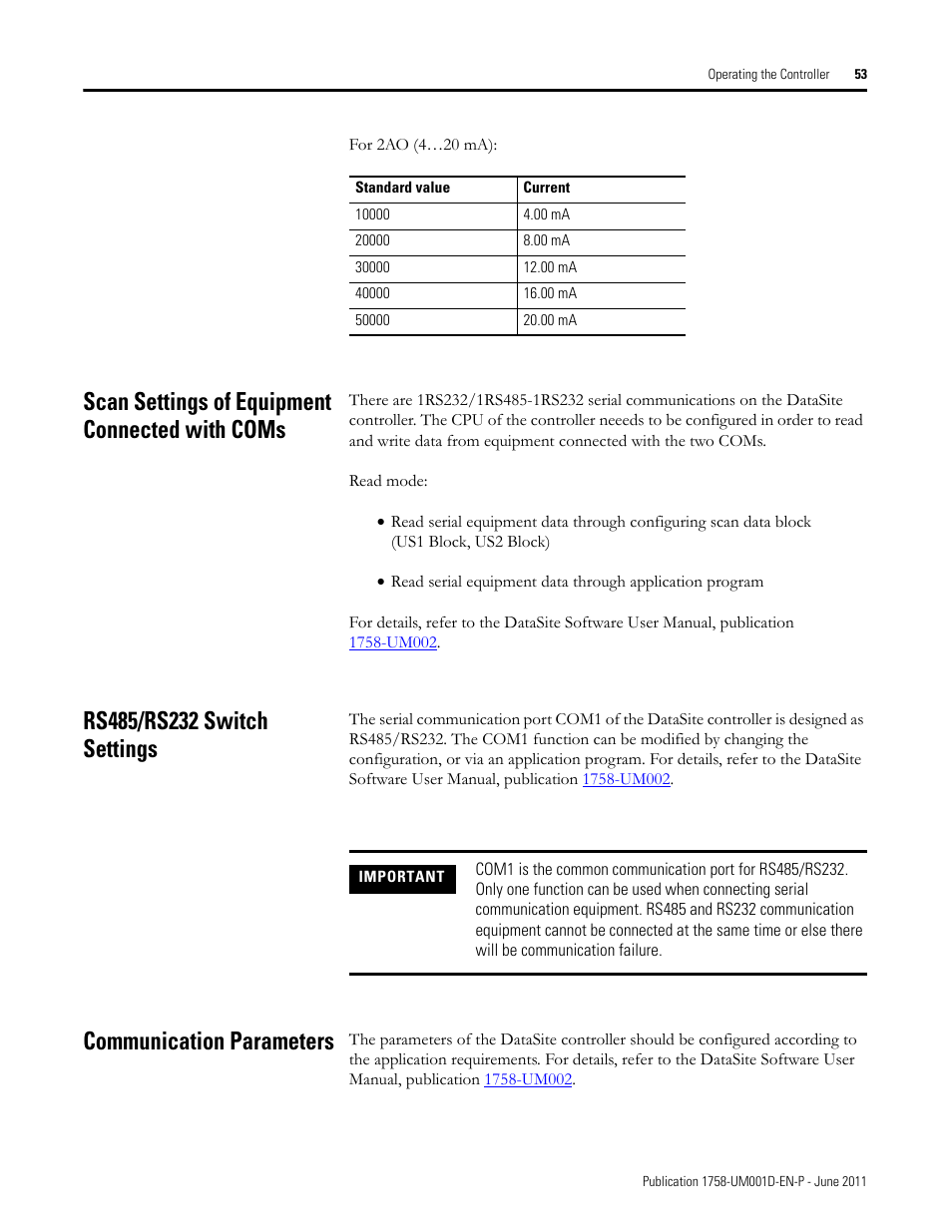 Scan settings of equipment connected with coms, Rs485/rs232 switch settings, Communication parameters | Rockwell Automation 1758-RTU202 DataSite Hardware User Manual User Manual | Page 53 / 68