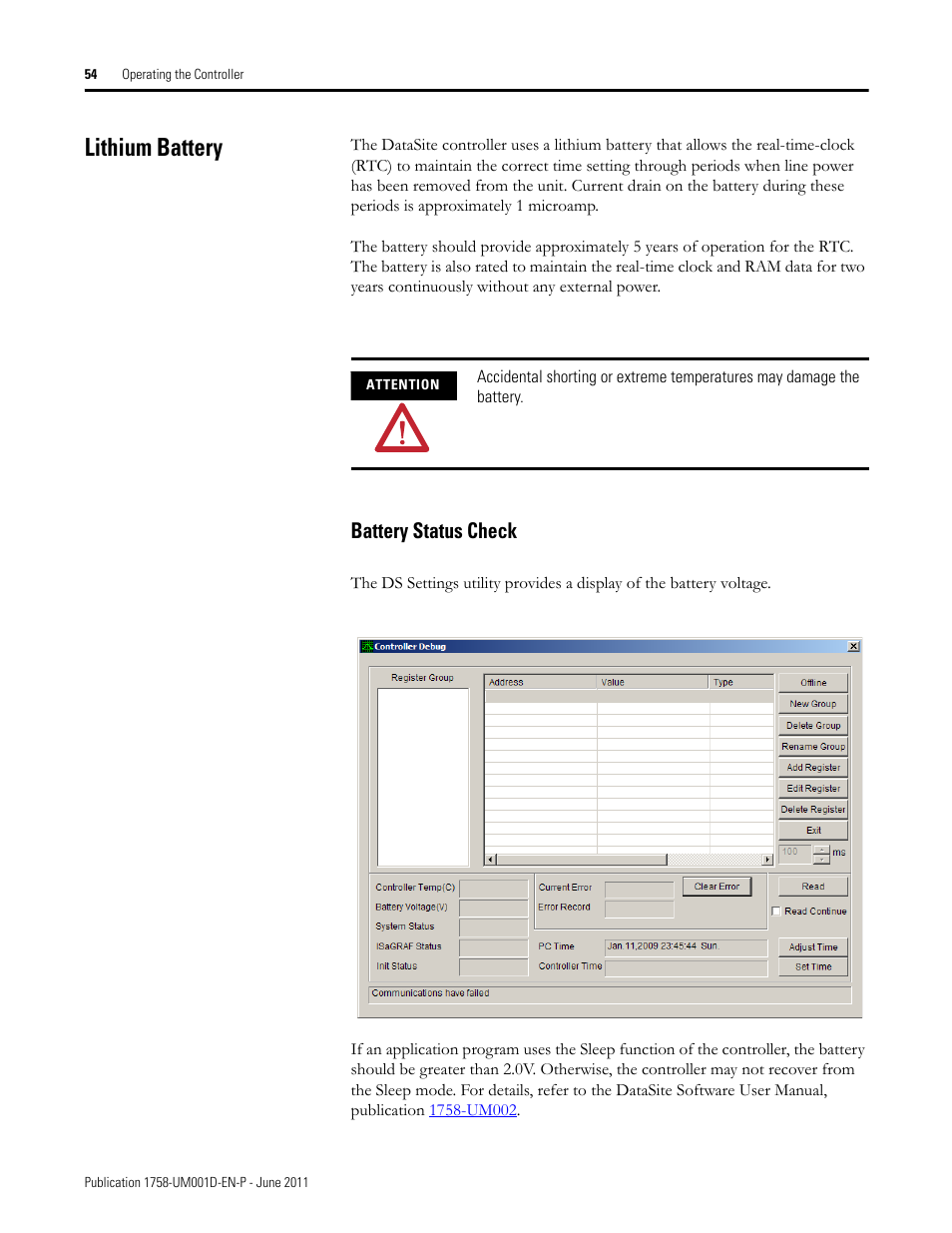 Lithium battery, Battery status check | Rockwell Automation 1758-RTU202 DataSite Hardware User Manual User Manual | Page 54 / 68