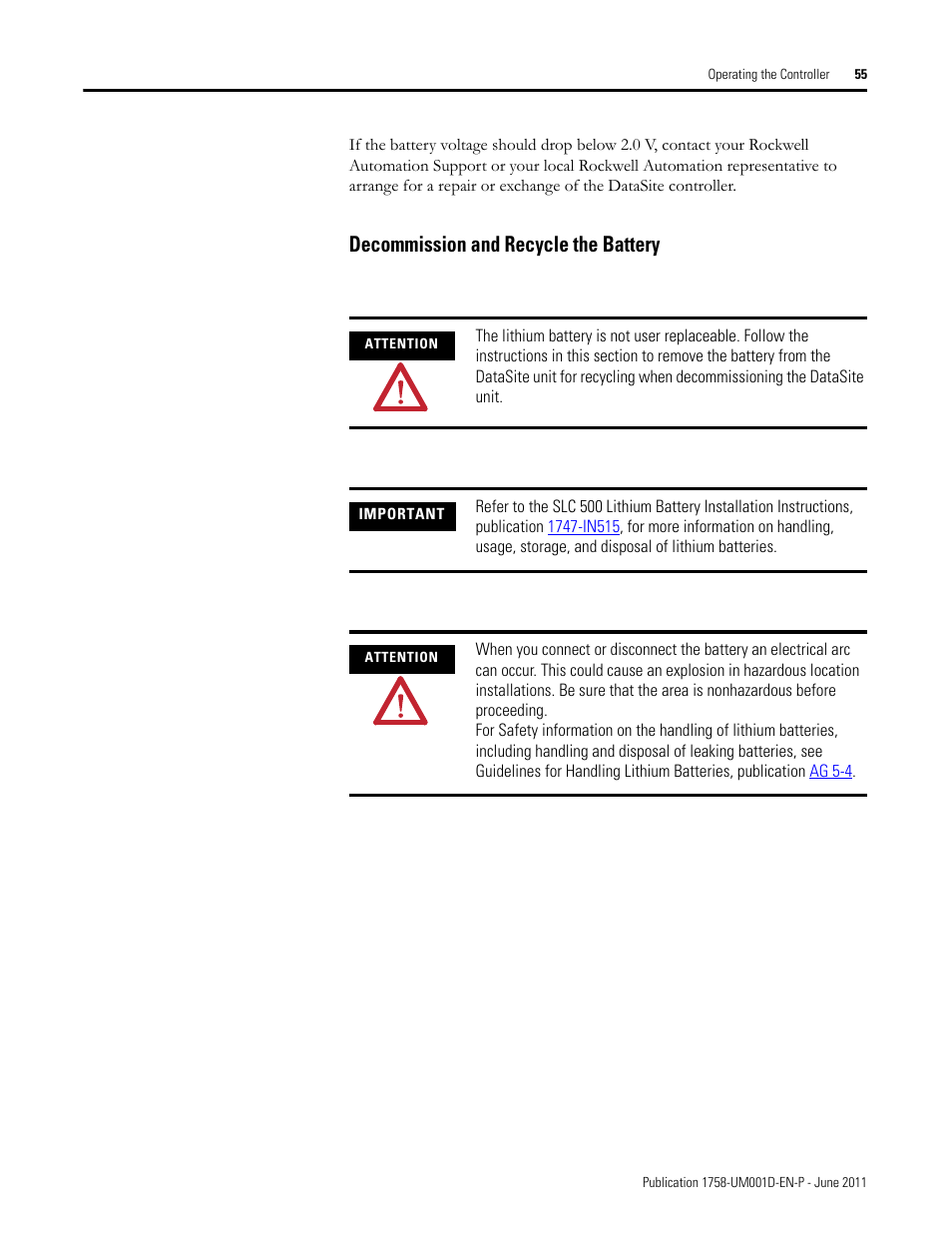 Decommission and recycle the battery | Rockwell Automation 1758-RTU202 DataSite Hardware User Manual User Manual | Page 55 / 68