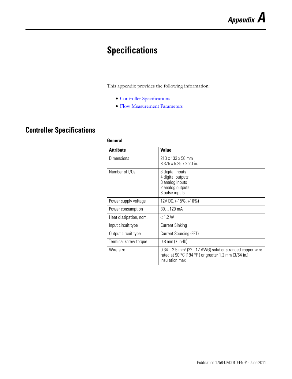 A - specifications, Controller specifications, Appendix a | Specifications, Appendix | Rockwell Automation 1758-RTU202 DataSite Hardware User Manual User Manual | Page 59 / 68