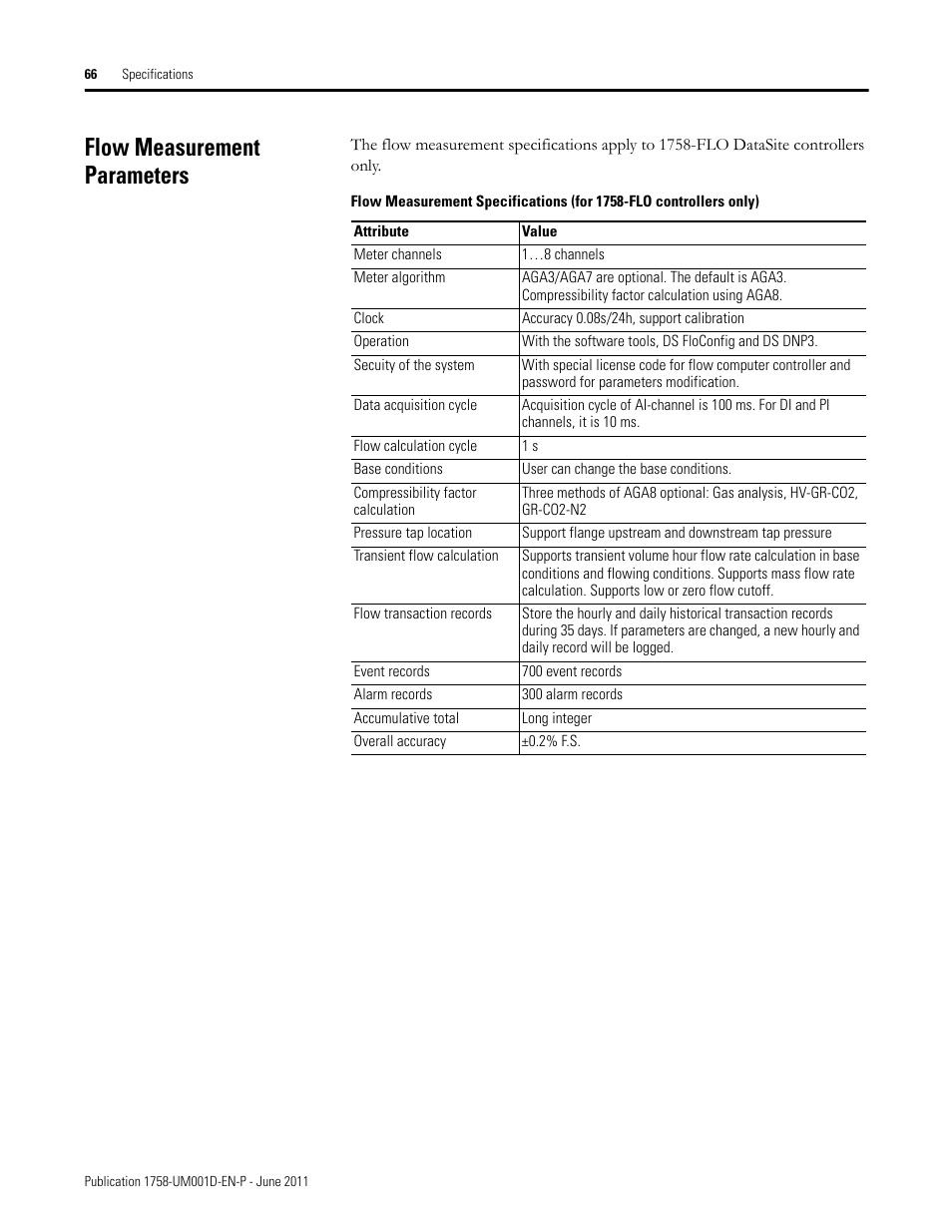 Flow measurement parameters | Rockwell Automation 1758-RTU202 DataSite Hardware User Manual User Manual | Page 66 / 68