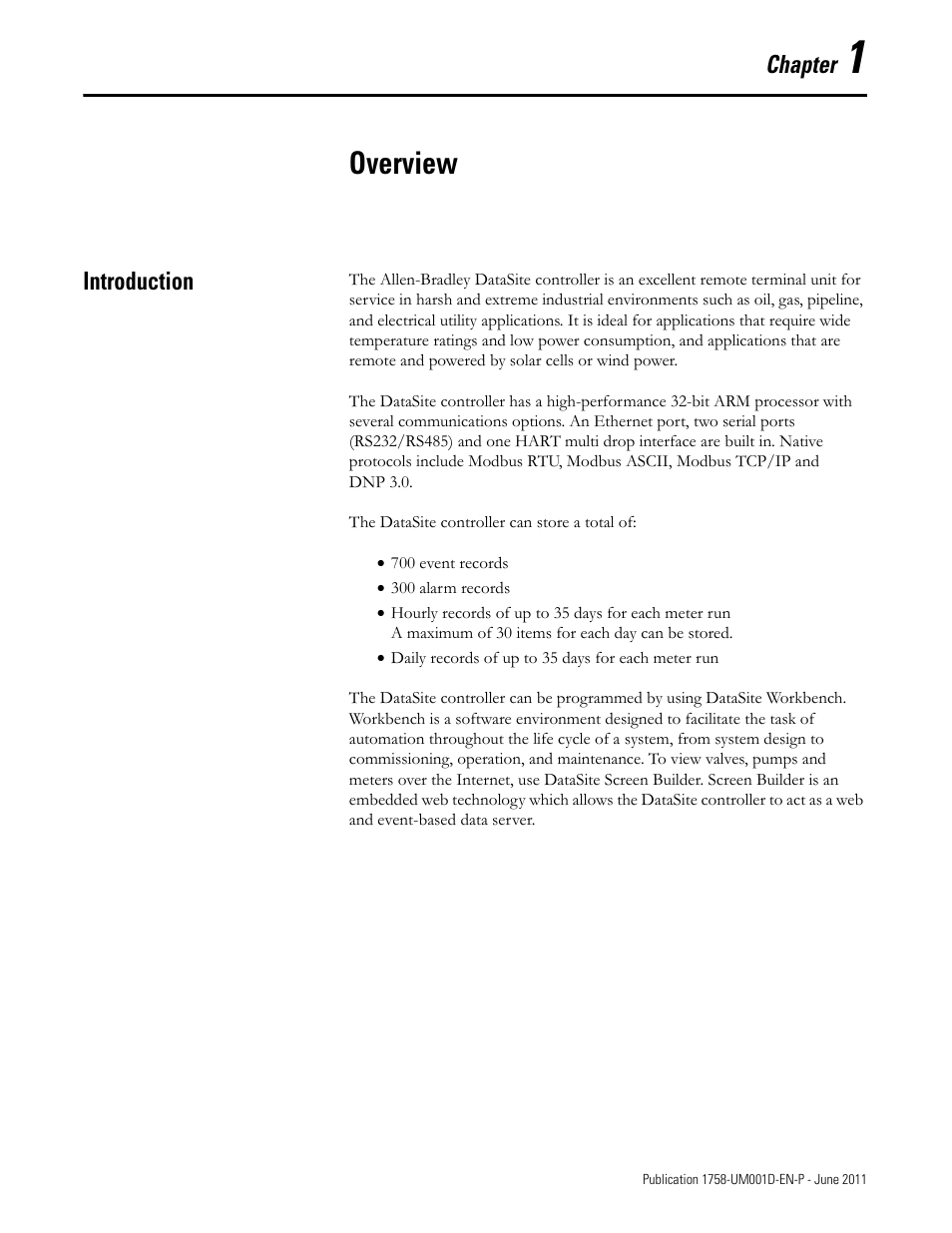 1 - overview, Introduction, Chapter 1 | Overview | Rockwell Automation 1758-RTU202 DataSite Hardware User Manual User Manual | Page 7 / 68