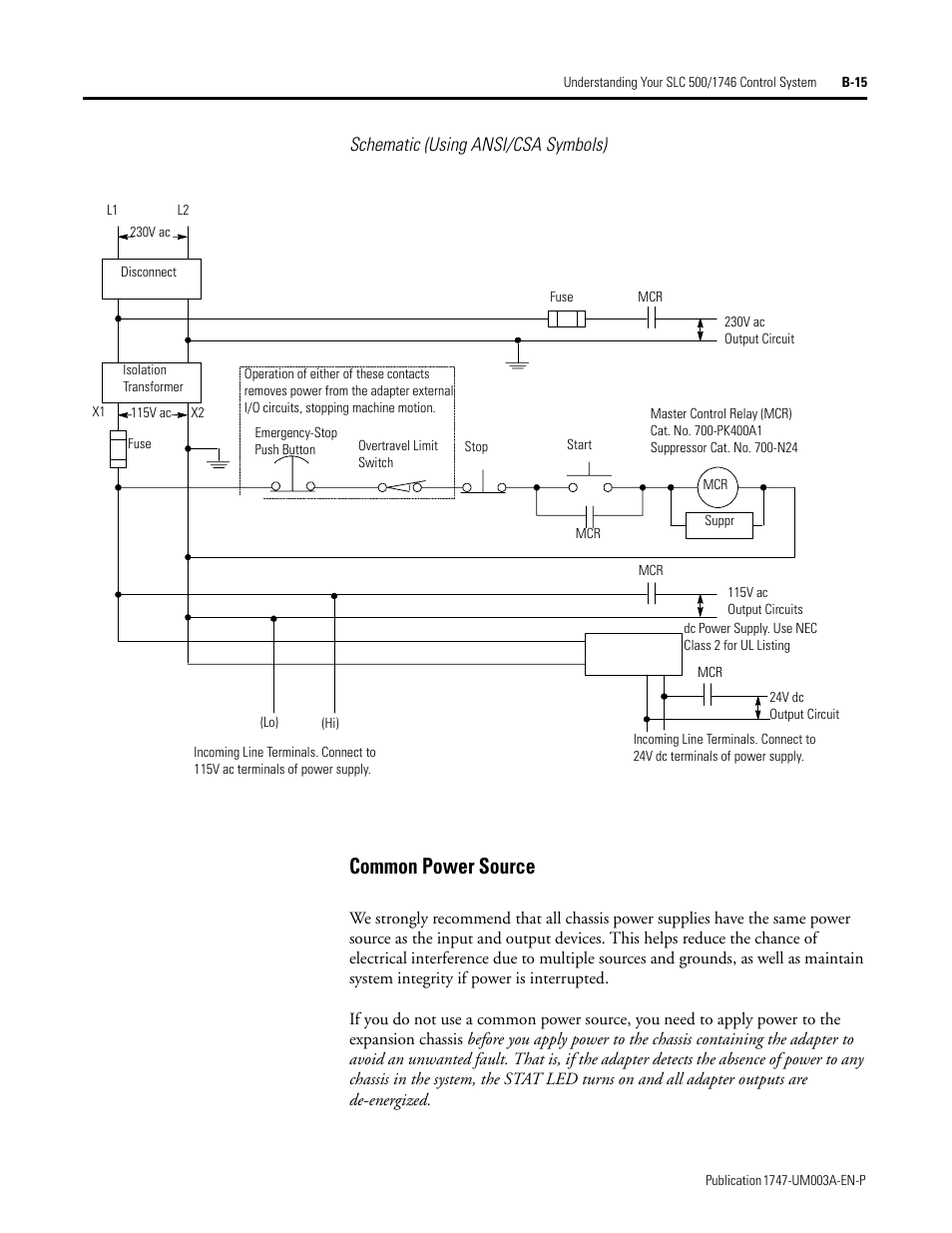 Common power source, Schematic (using ansi/csa symbols) | Rockwell Automation 1747-ACNR15 ControlNet Adapter Module User Manual User Manual | Page 107 / 140