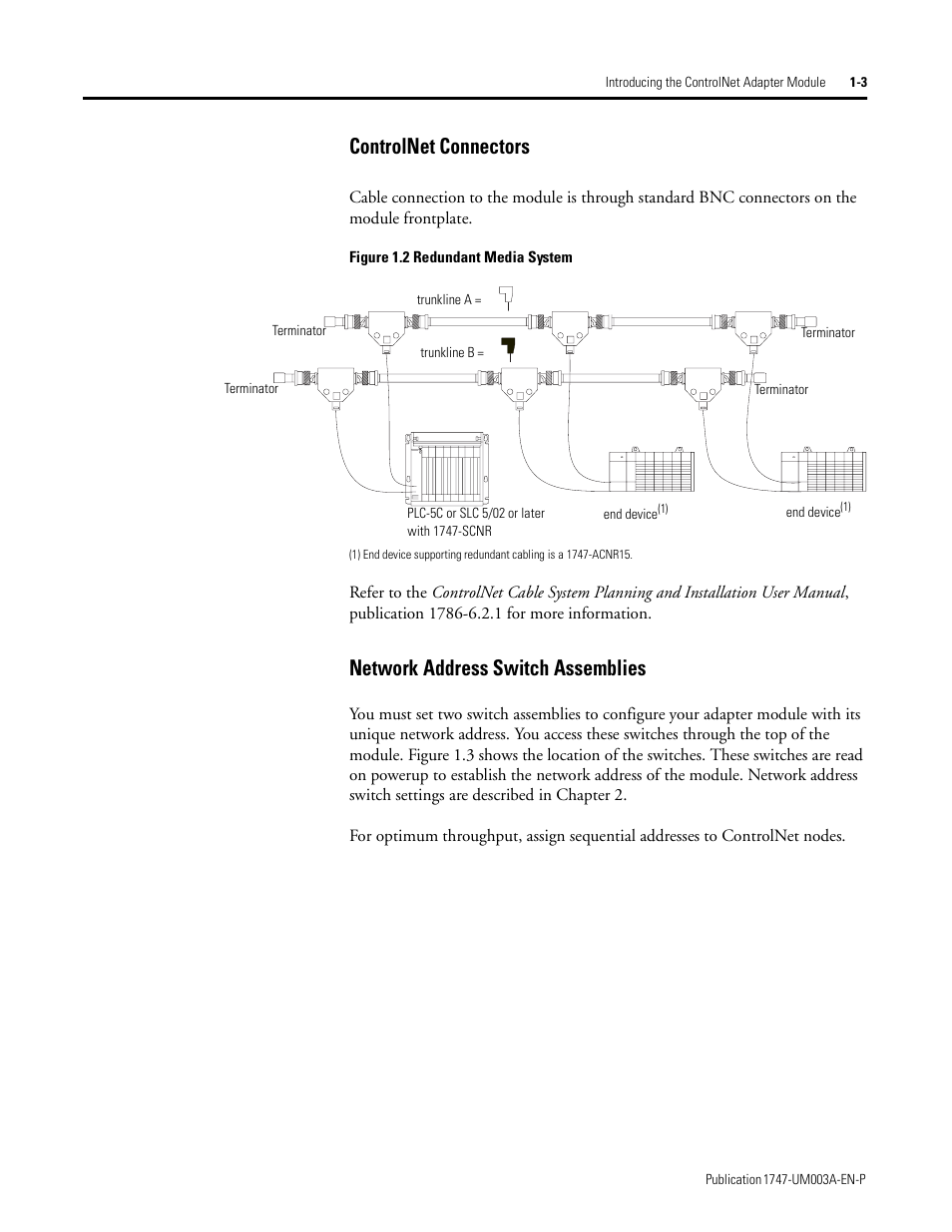 Controlnet connectors, Network address switch assemblies | Rockwell Automation 1747-ACNR15 ControlNet Adapter Module User Manual User Manual | Page 11 / 140