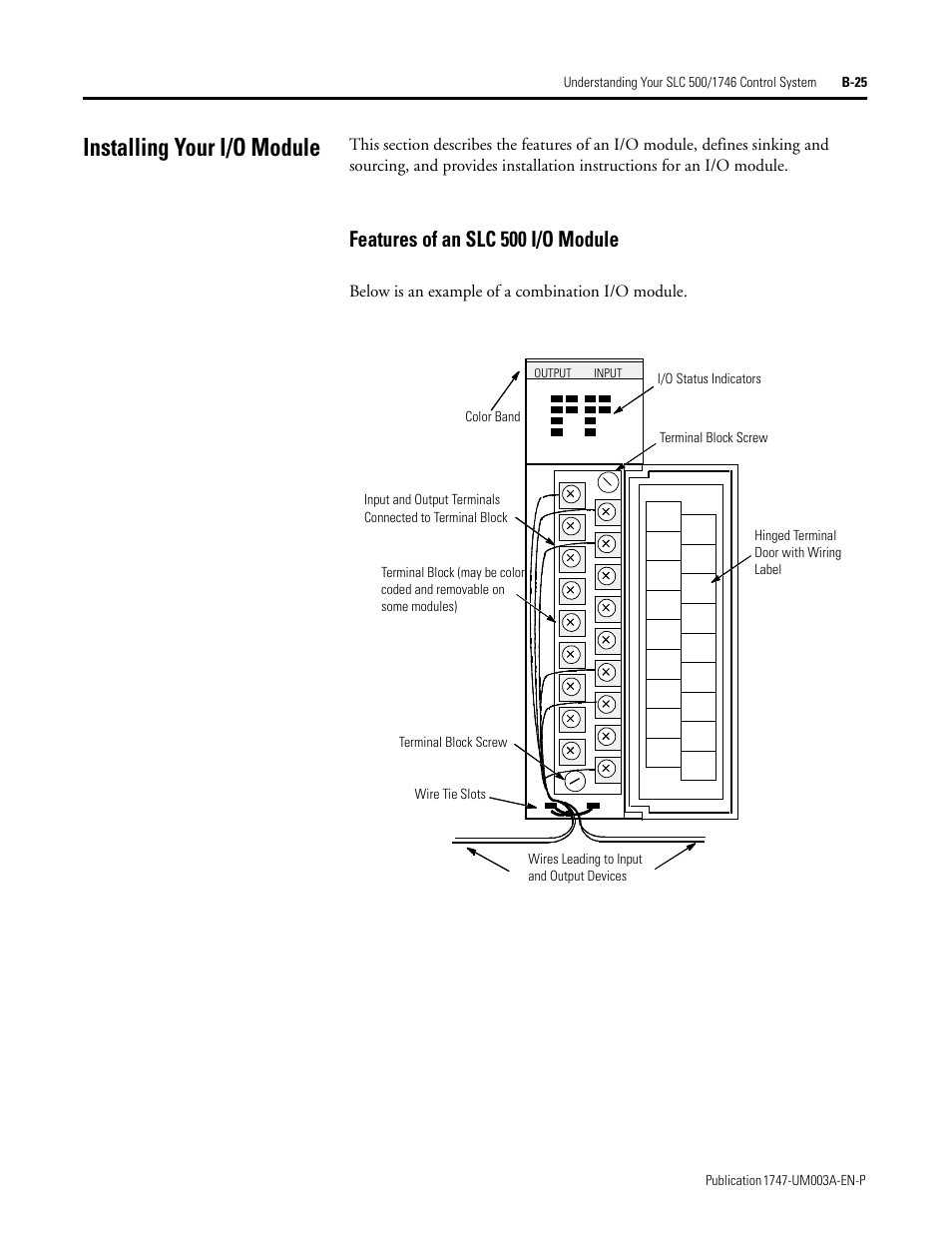 Installing your i/o module, Features of an slc 500 i/o module, Below is an example of a combination i/o module | Rockwell Automation 1747-ACNR15 ControlNet Adapter Module User Manual User Manual | Page 117 / 140