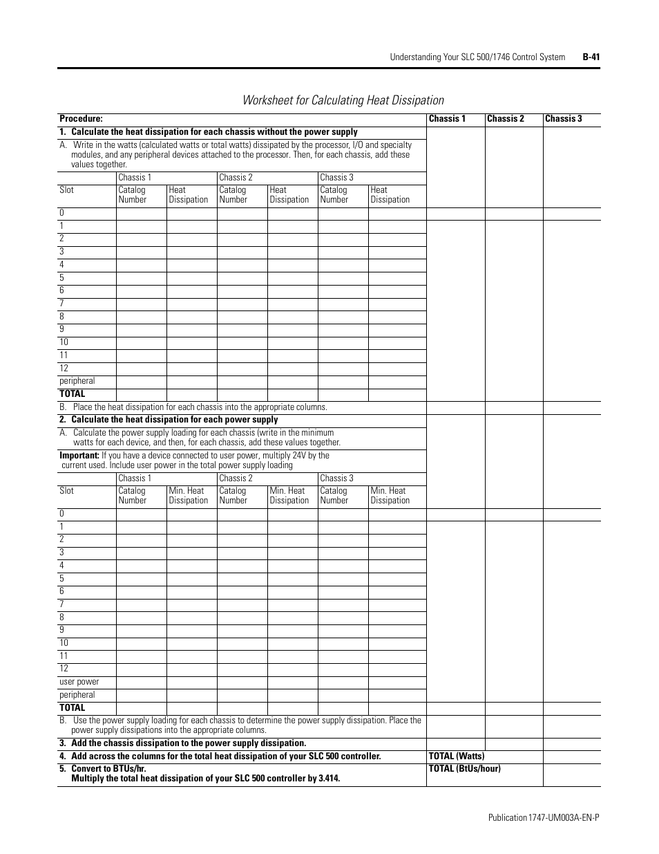 Worksheet for calculating heat dissipation | Rockwell Automation 1747-ACNR15 ControlNet Adapter Module User Manual User Manual | Page 133 / 140