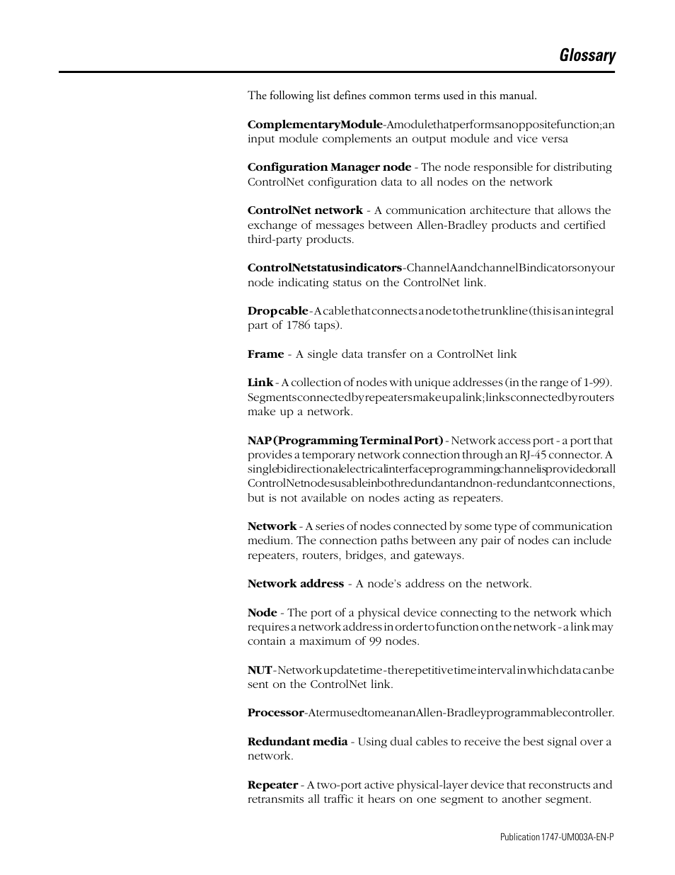Glossary | Rockwell Automation 1747-ACNR15 ControlNet Adapter Module User Manual User Manual | Page 135 / 140