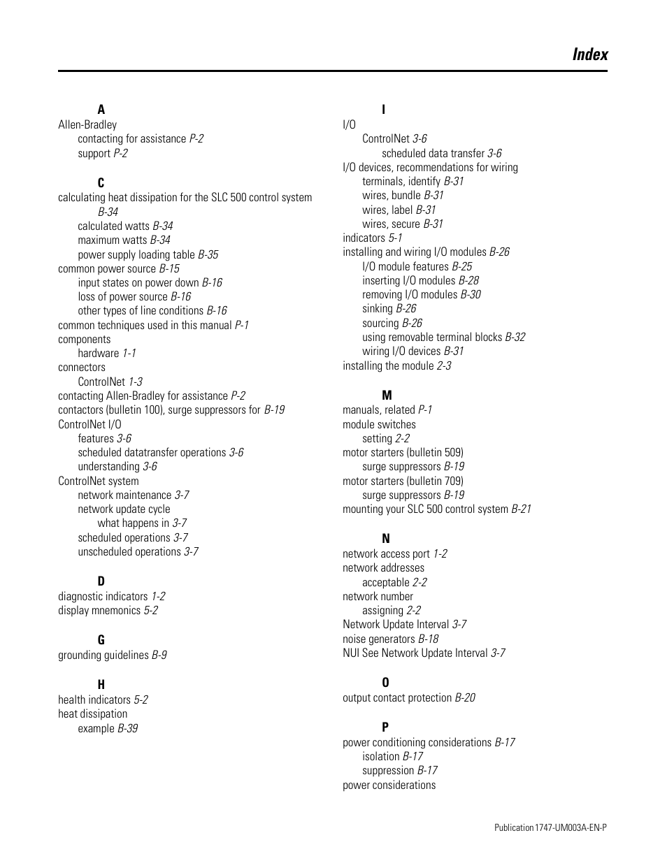 Index | Rockwell Automation 1747-ACNR15 ControlNet Adapter Module User Manual User Manual | Page 137 / 140