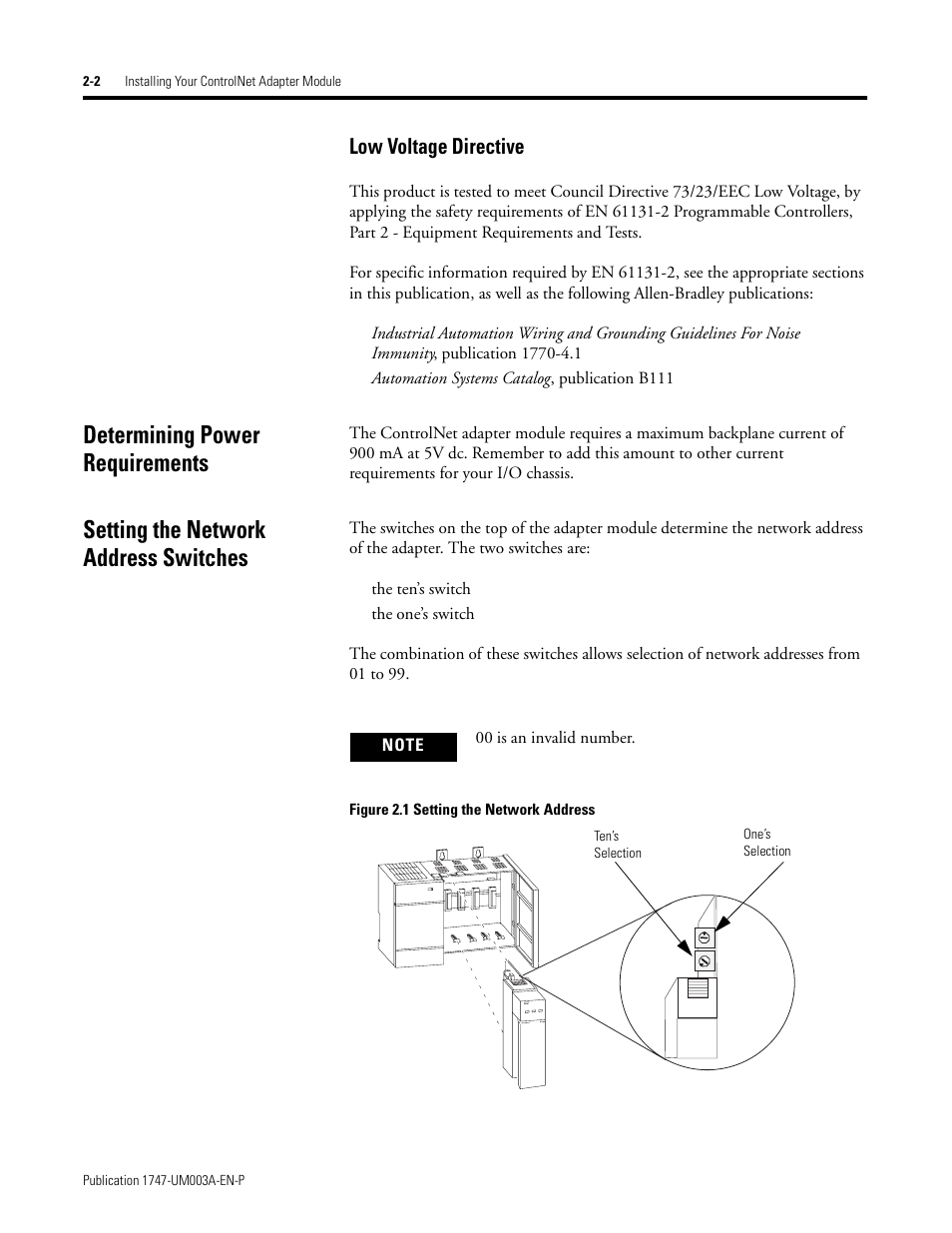 Low voltage directive, Determining power requirements, Setting the network address switches | Low voltage directive -2 | Rockwell Automation 1747-ACNR15 ControlNet Adapter Module User Manual User Manual | Page 14 / 140