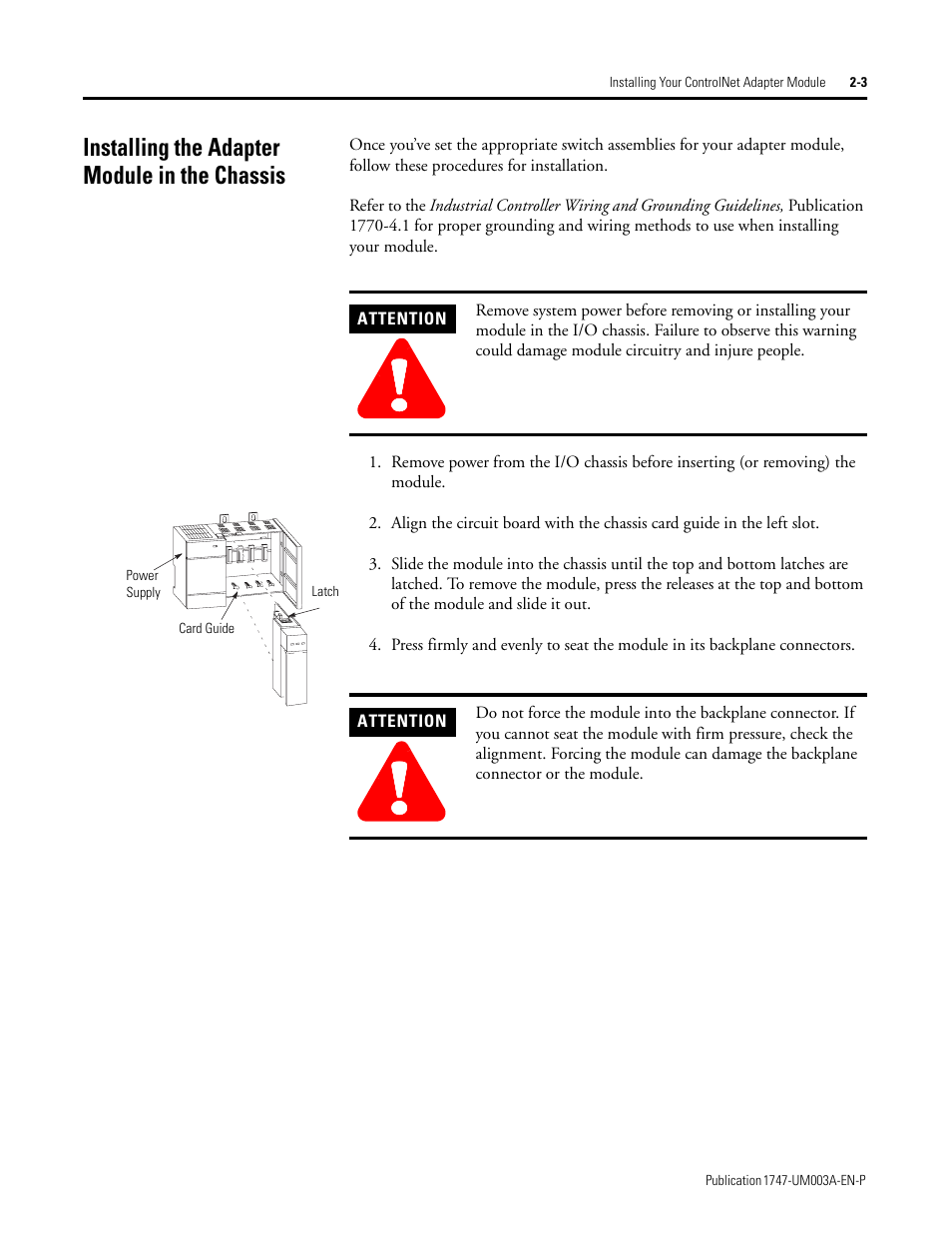 Installing the adapter module in the chassis, Installing the adapter module in the chassis -3 | Rockwell Automation 1747-ACNR15 ControlNet Adapter Module User Manual User Manual | Page 15 / 140