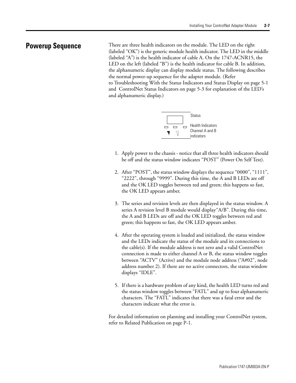 Powerup sequence, Powerup sequence -7 | Rockwell Automation 1747-ACNR15 ControlNet Adapter Module User Manual User Manual | Page 19 / 140
