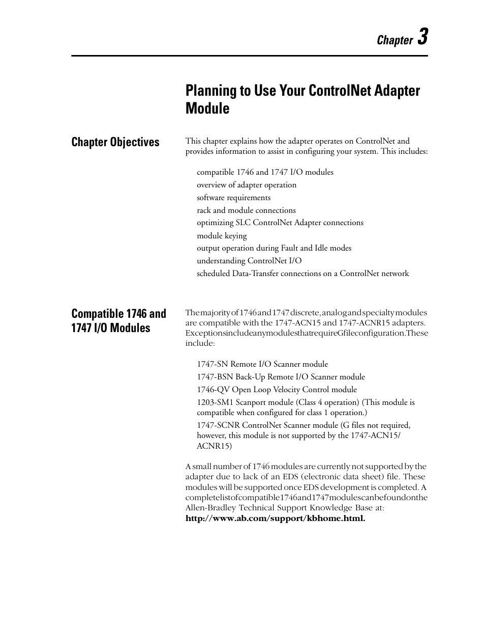 3 - planning to use your controlnet adapter module, Chapter objectives, Compatible 1746 and 1747 i/o modules | Chapter 3, Planning to use your controlnet adapter module, Chapter | Rockwell Automation 1747-ACNR15 ControlNet Adapter Module User Manual User Manual | Page 21 / 140