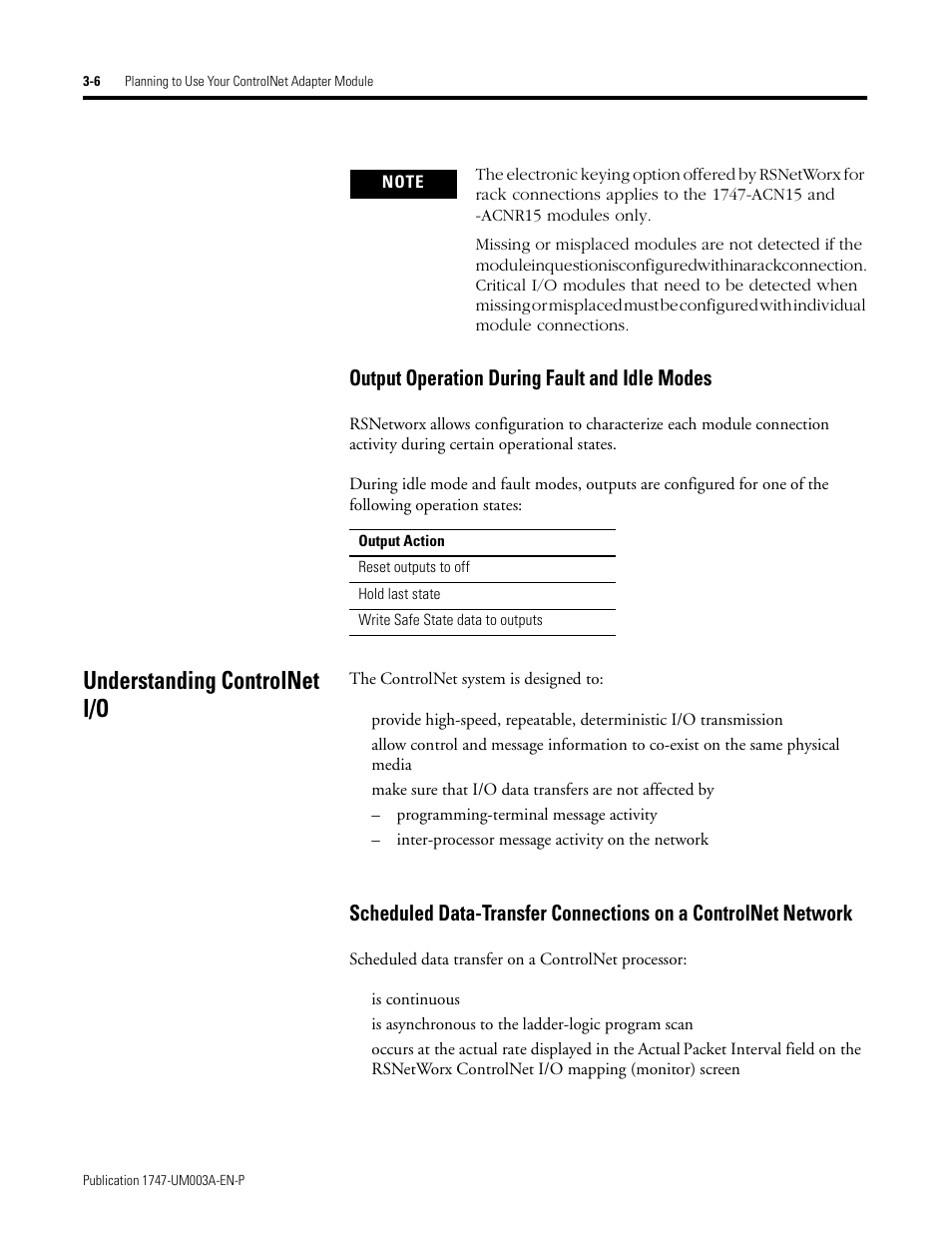 Output operation during fault and idle modes, Understanding controlnet i/o, Output operation during fault and idle modes -6 | Understanding controlnet i/o -6 | Rockwell Automation 1747-ACNR15 ControlNet Adapter Module User Manual User Manual | Page 26 / 140