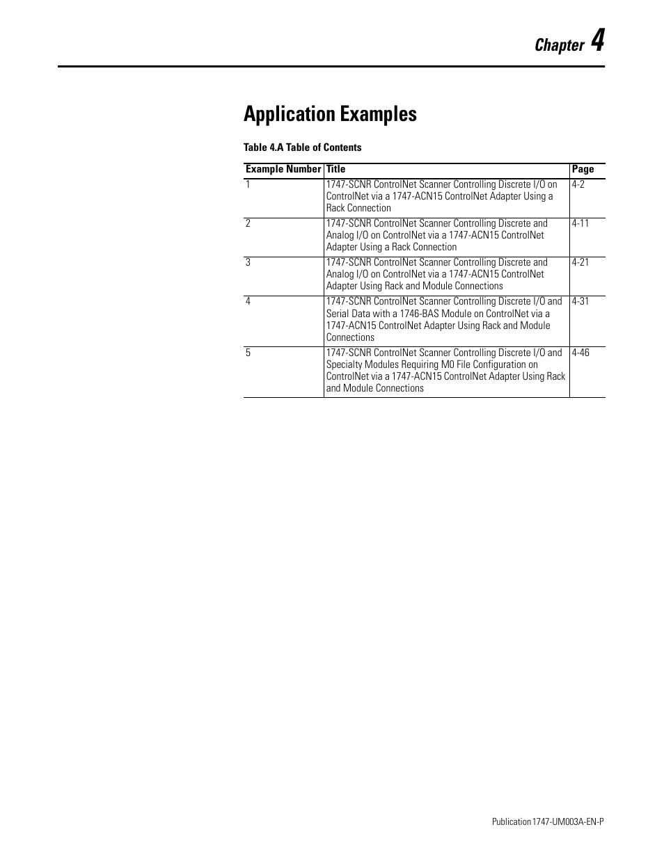 4 - application examples, Chapter 4, Application examples | Chapter | Rockwell Automation 1747-ACNR15 ControlNet Adapter Module User Manual User Manual | Page 29 / 140