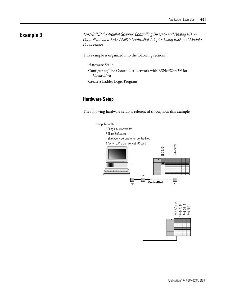 Example 3, Hardware setup, Example 3 -21 | Hardware setup -21 | Rockwell Automation 1747-ACNR15 ControlNet Adapter Module User Manual User Manual | Page 49 / 140
