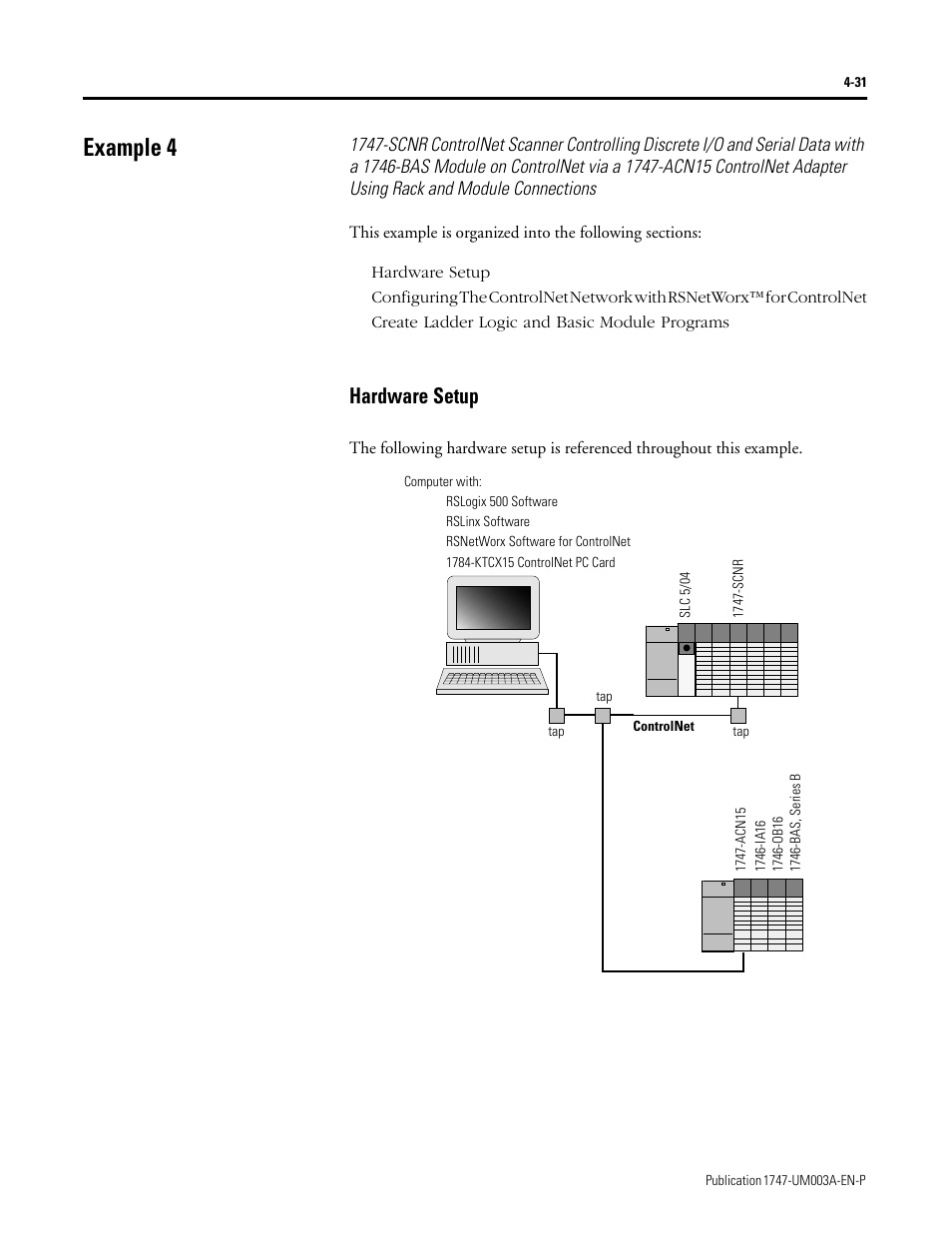 Example 4, Hardware setup, Example 4 -31 | Hardware setup -31 | Rockwell Automation 1747-ACNR15 ControlNet Adapter Module User Manual User Manual | Page 59 / 140