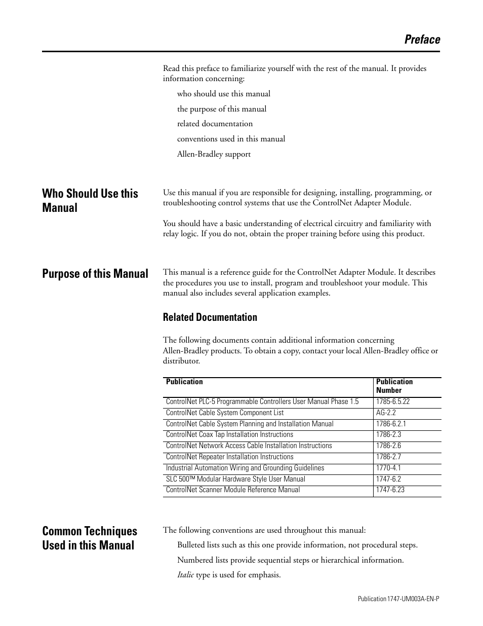 Preface, Who should use this manual, Purpose of this manual | Related documentation, Common techniques used in this manual, Eface | Rockwell Automation 1747-ACNR15 ControlNet Adapter Module User Manual User Manual | Page 7 / 140