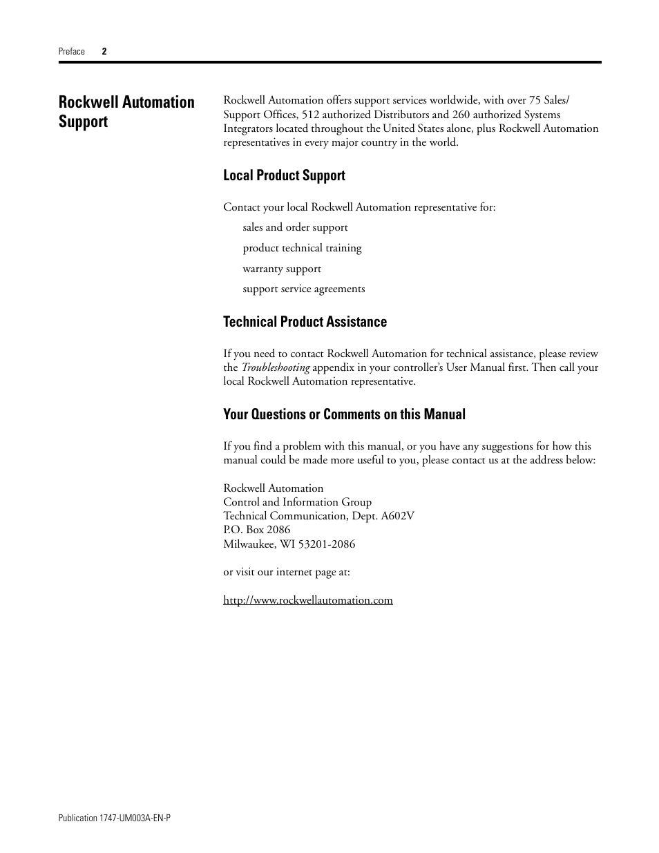 Rockwell automation support, Local product support, Technical product assistance | Your questions or comments on this manual | Rockwell Automation 1747-ACNR15 ControlNet Adapter Module User Manual User Manual | Page 8 / 140