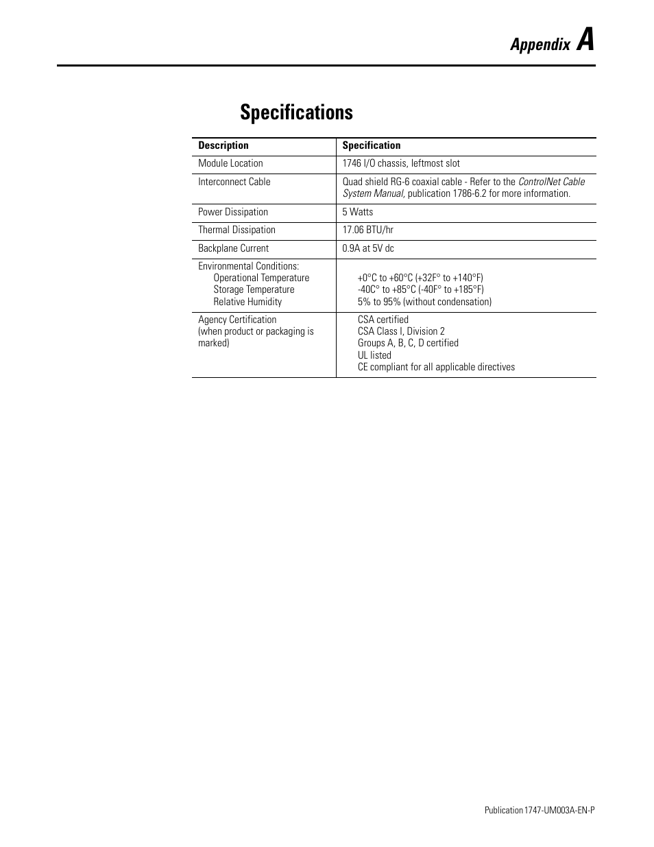 A - specifications, Appendix a, Specifications | Appendix | Rockwell Automation 1747-ACNR15 ControlNet Adapter Module User Manual User Manual | Page 91 / 140