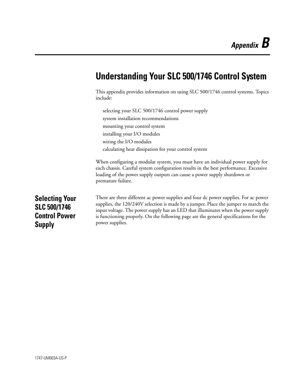 B - understanding your slc 500/1746 control system, Selecting your slc 500/1746 control power supply, Understanding your slc 500/1746 control system | Appendix | Rockwell Automation 1747-ACNR15 ControlNet Adapter Module User Manual User Manual | Page 93 / 140