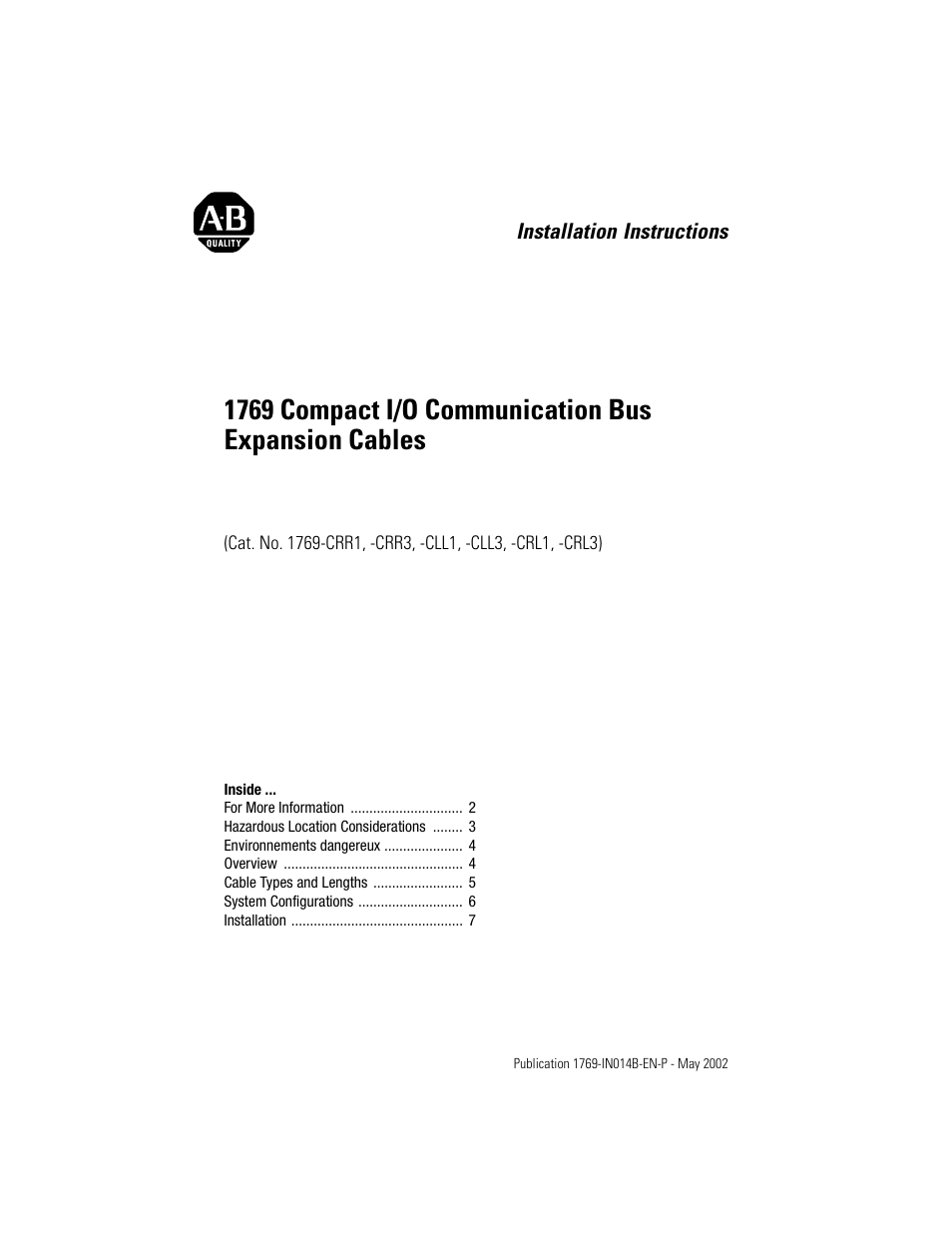 Rockwell Automation 1769-XXXX Compact I/O Communication Bus Expansion Cables User Manual | 12 pages