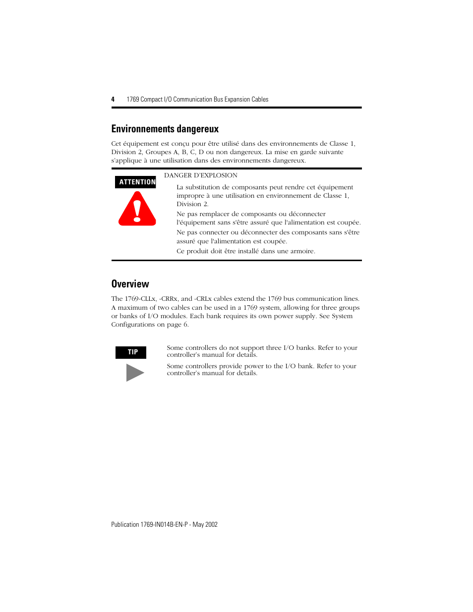 Environnements dangereux, Overview, Environnements dangereux overview | Rockwell Automation 1769-XXXX Compact I/O Communication Bus Expansion Cables User Manual | Page 4 / 12