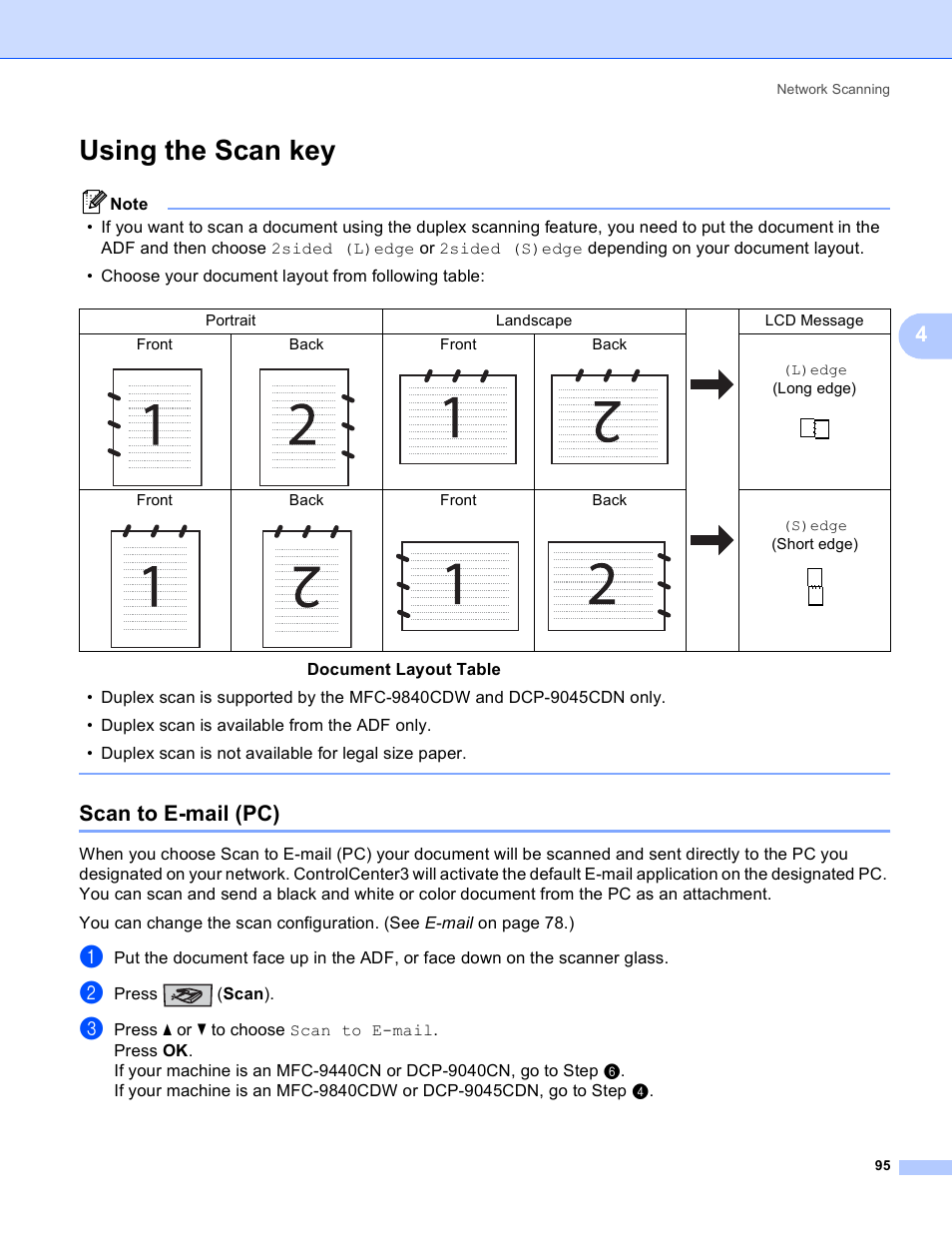 Using the scan key, Scan to e-mail (pc) | Brother DCP-9045CDN User Manual | Page 102 / 217