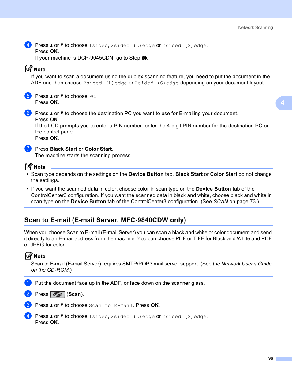 Scan to e-mail (e-mail server, mfc-9840cdw only) | Brother DCP-9045CDN User Manual | Page 103 / 217