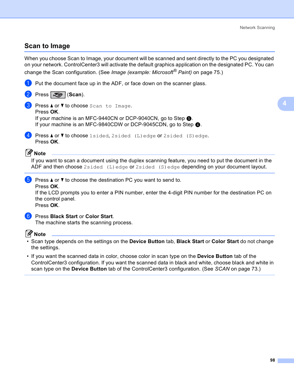 Scan to image, 4scan to image | Brother DCP-9045CDN User Manual | Page 105 / 217