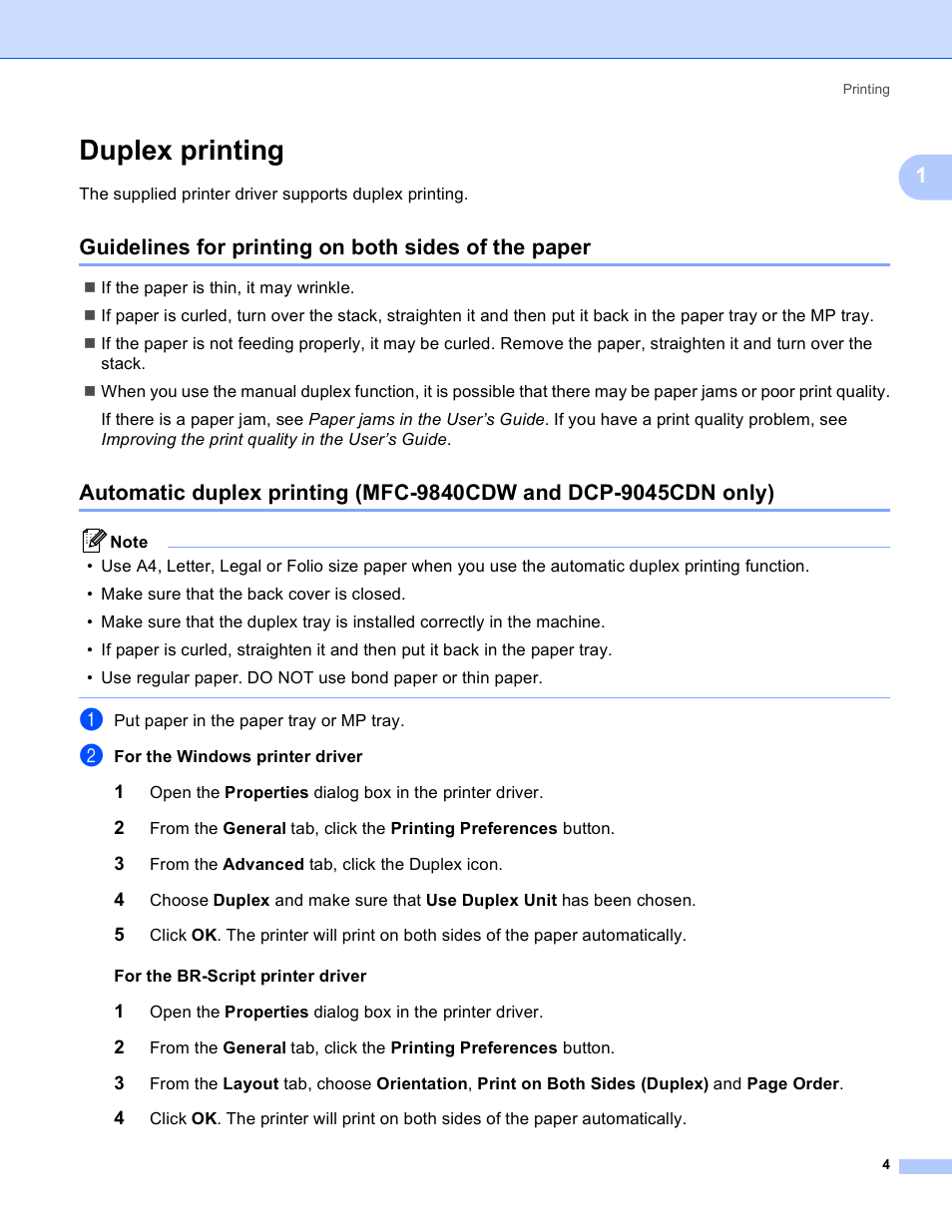 Duplex printing, Guidelines for printing on both sides of the paper | Brother DCP-9045CDN User Manual | Page 11 / 217