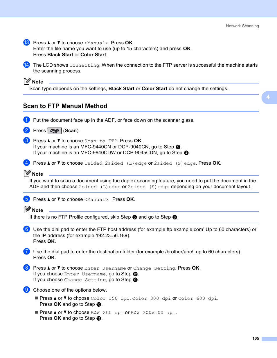 Scan to ftp manual method | Brother DCP-9045CDN User Manual | Page 112 / 217